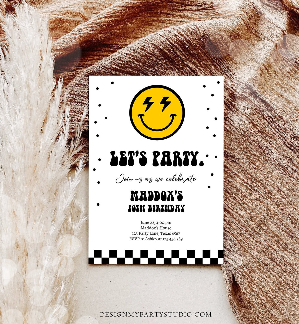 Editable Smiley Birthday Invitation Boy Smiley Face Invite Let's Party Teen 10th 13th 15th Download Printable Template Digital Corjl 0456