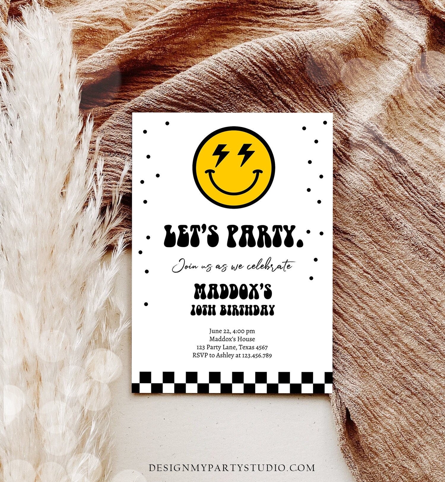 Editable Smiley Birthday Invitation Boy Smiley Face Invite Let's Party Teen 10th 13th 15th Download Printable Template Digital Corjl 0456