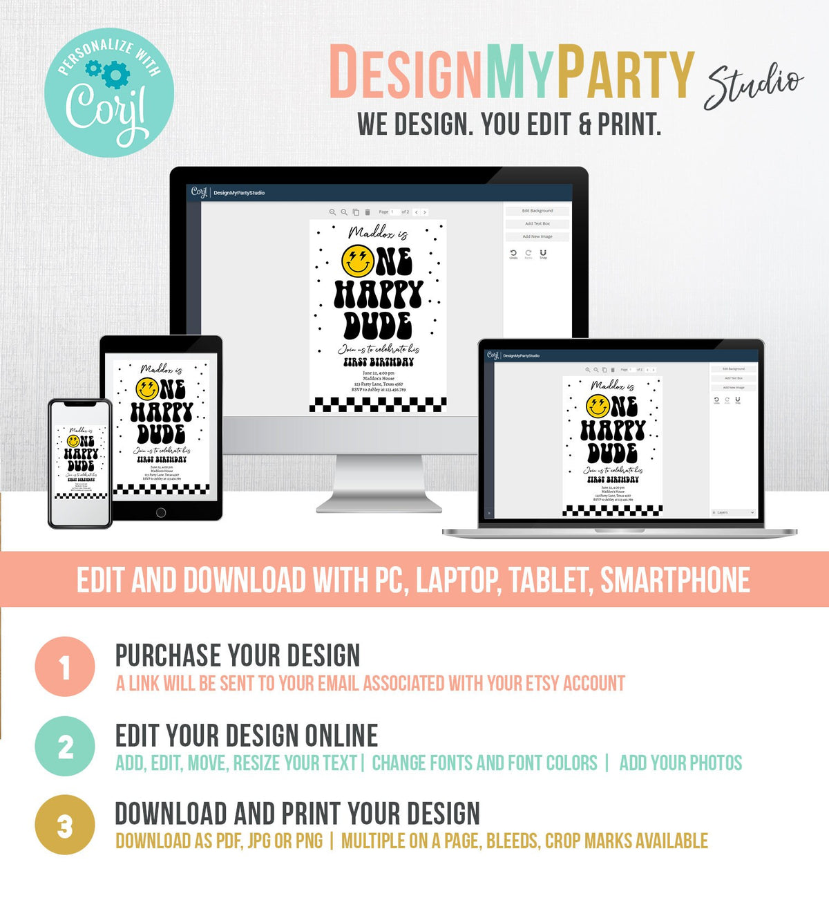 Editable One Happy Dude Birthday Invitation Boy 1st Birthday Invite Smiley Face Birthday Girl Download Printable Template Digital Corjl 0456
