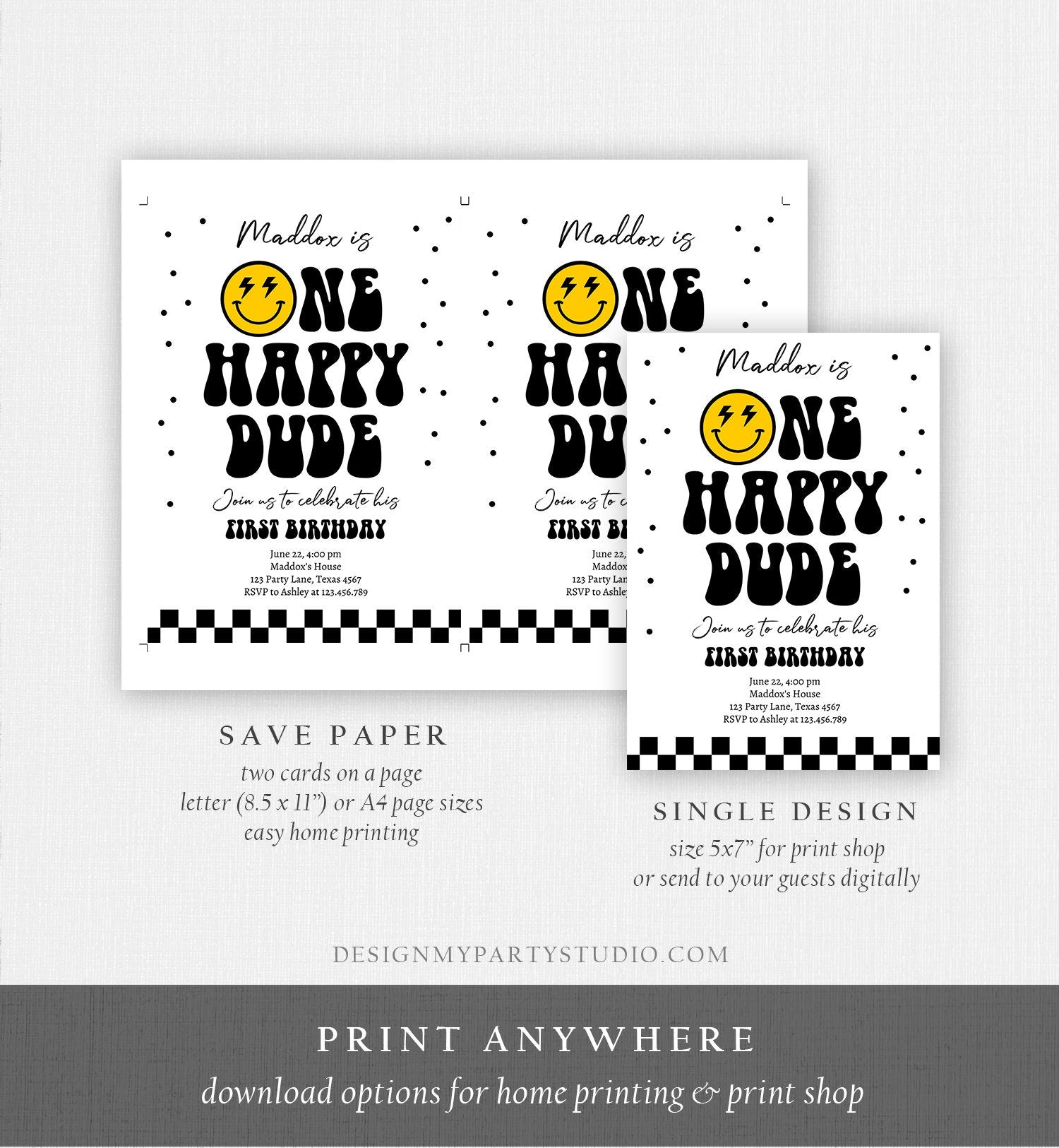 Editable One Happy Dude Birthday Invitation Boy 1st Birthday Invite Smiley Face Birthday Girl Download Printable Template Digital Corjl 0456