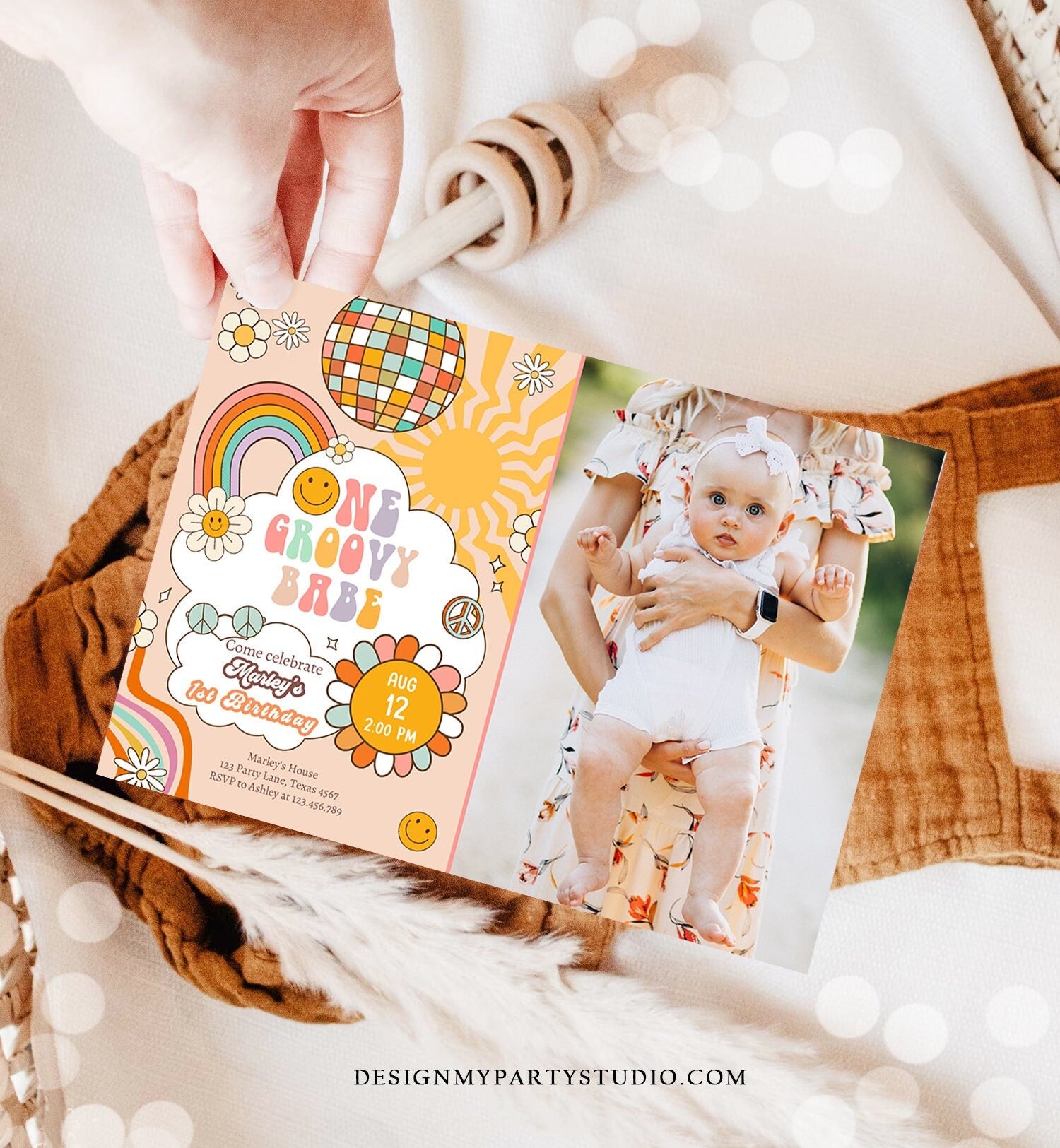 Editable Groovy One Retro 1st Birthday Invitation First Birthday One Groovy Babe Invite Peace Love Download Template Corjl Digital 0459