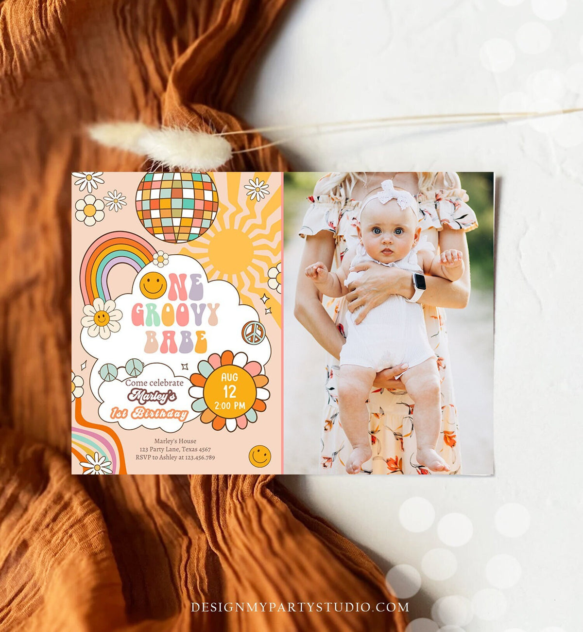 Editable Groovy One Retro 1st Birthday Invitation First Birthday One Groovy Babe Invite Peace Love Download Template Corjl Digital 0459