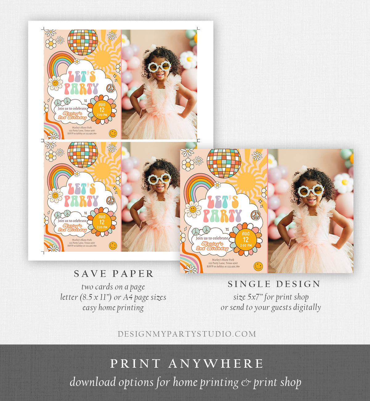 Editable Groovy Birthday Party Invitation Let's Party Birthday Smiley Boho Retro Flower Power 70's Girl Download Template Corjl Digital 0459