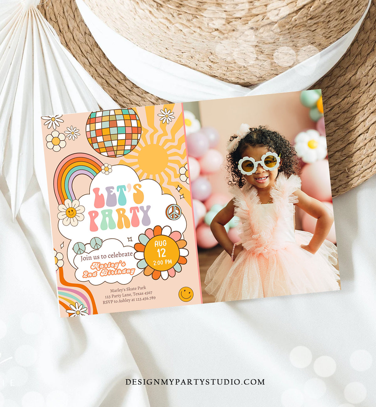 Editable Groovy Birthday Party Invitation Let's Party Birthday Smiley Boho Retro Flower Power 70's Girl Download Template Corjl Digital 0459