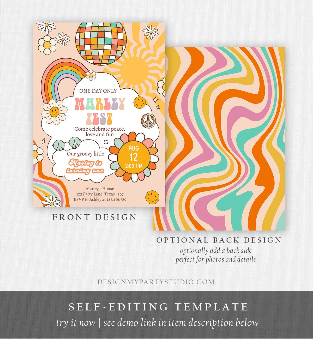 Editable Music Festival Birthday Party Invitation Floral Fest Birthday 70s 80s Groovy Peace Love Smiley Download Template Corjl Digital 0428