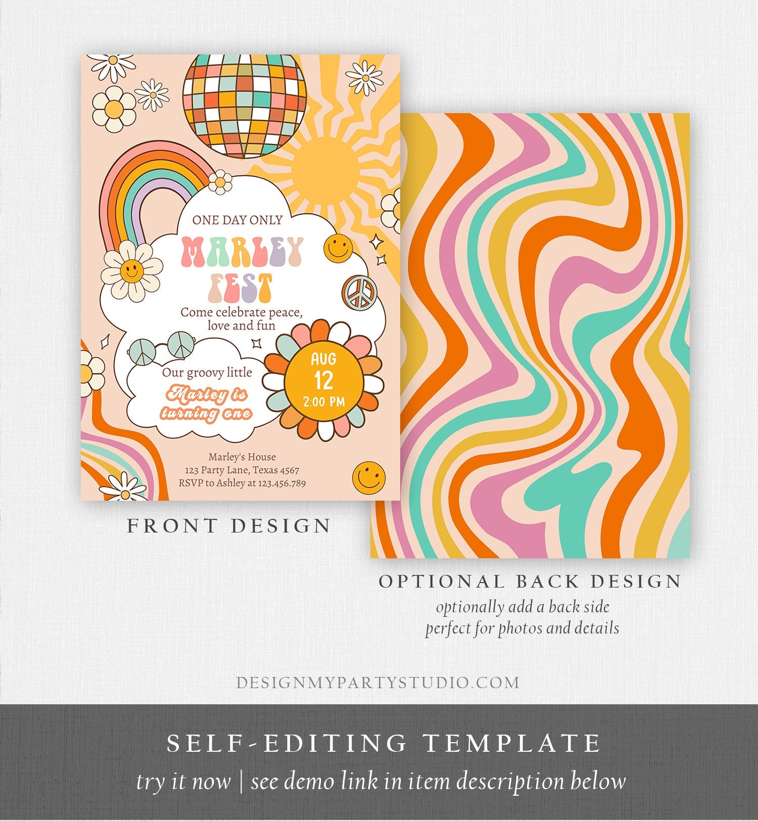 Editable Music Festival Birthday Party Invitation Floral Fest Birthday 70s 80s Groovy Peace Love Smiley Download Template Corjl Digital 0428