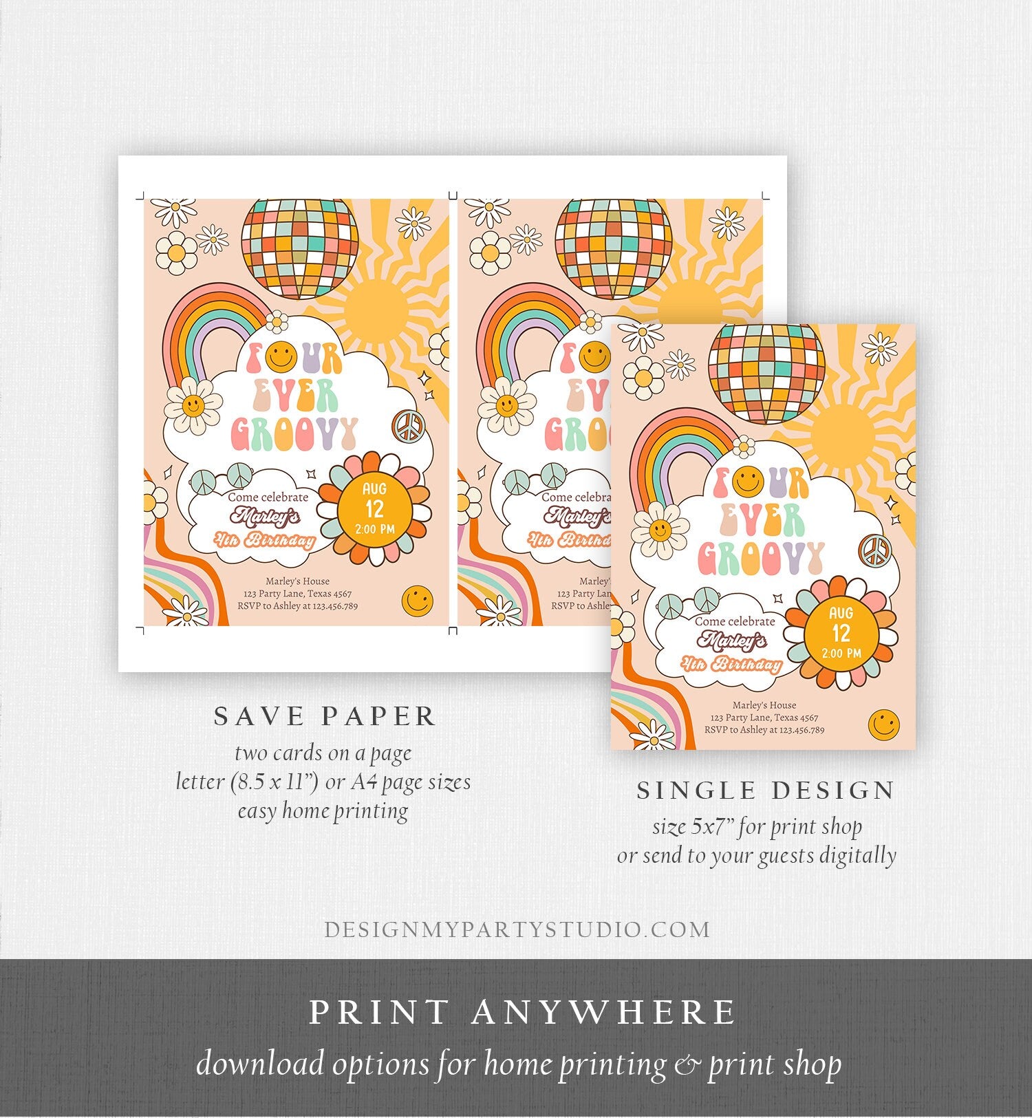 Editable Four Ever Groovy Birthday Invitation 4th Birthday Four Invite Rainbow Peace Love Party Girl Download Template Corjl Digital 0459