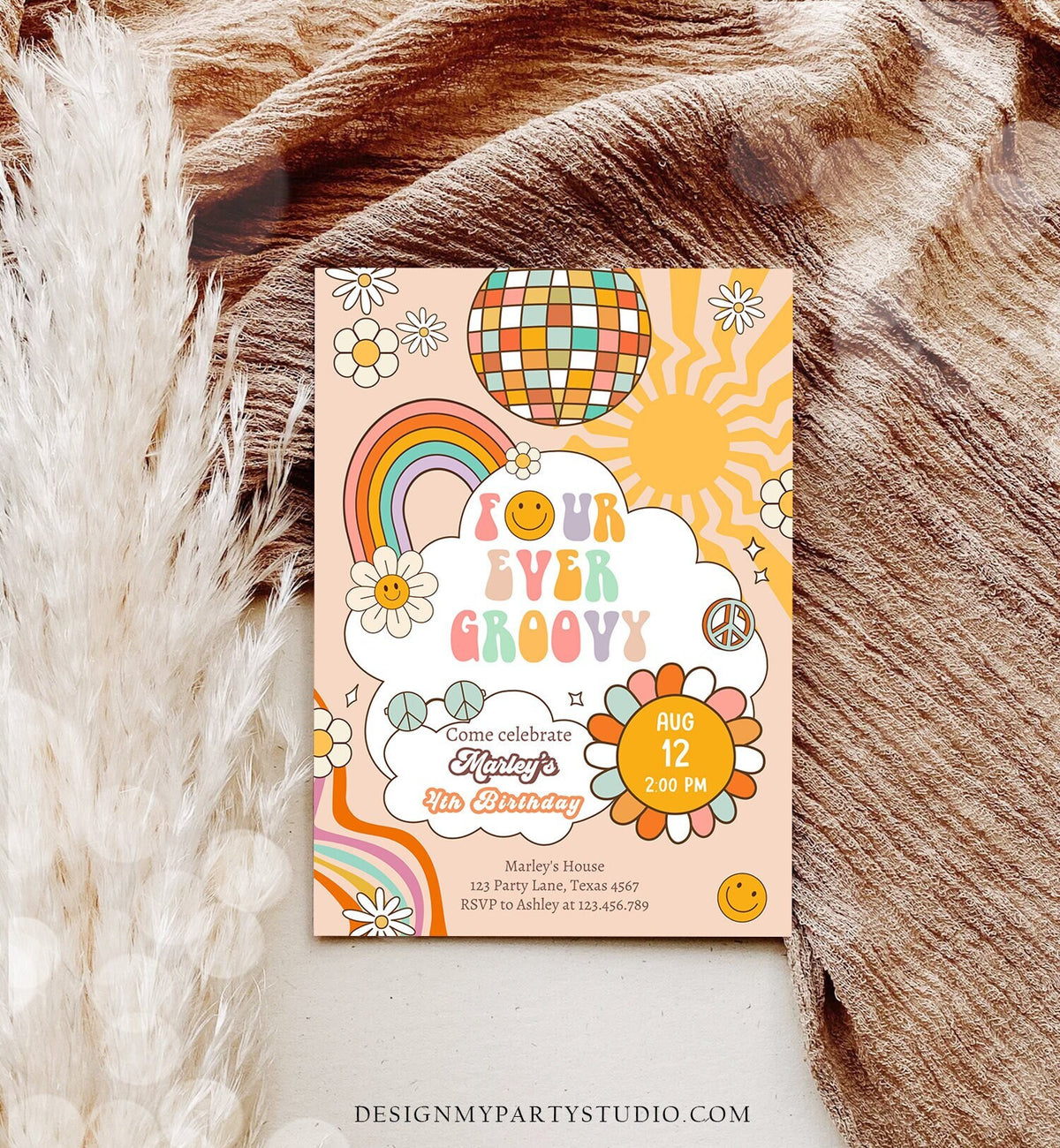 Editable Four Ever Groovy Birthday Invitation 4th Birthday Four Invite Rainbow Peace Love Party Girl Download Template Corjl Digital 0459