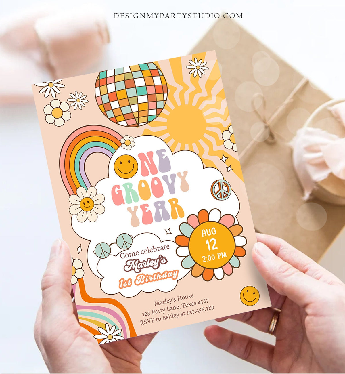 Editable Groovy One Retro 1st Birthday Invitation First Birthday One Groovy Year Invite Peace Love Download Template Corjl Digital 0459
