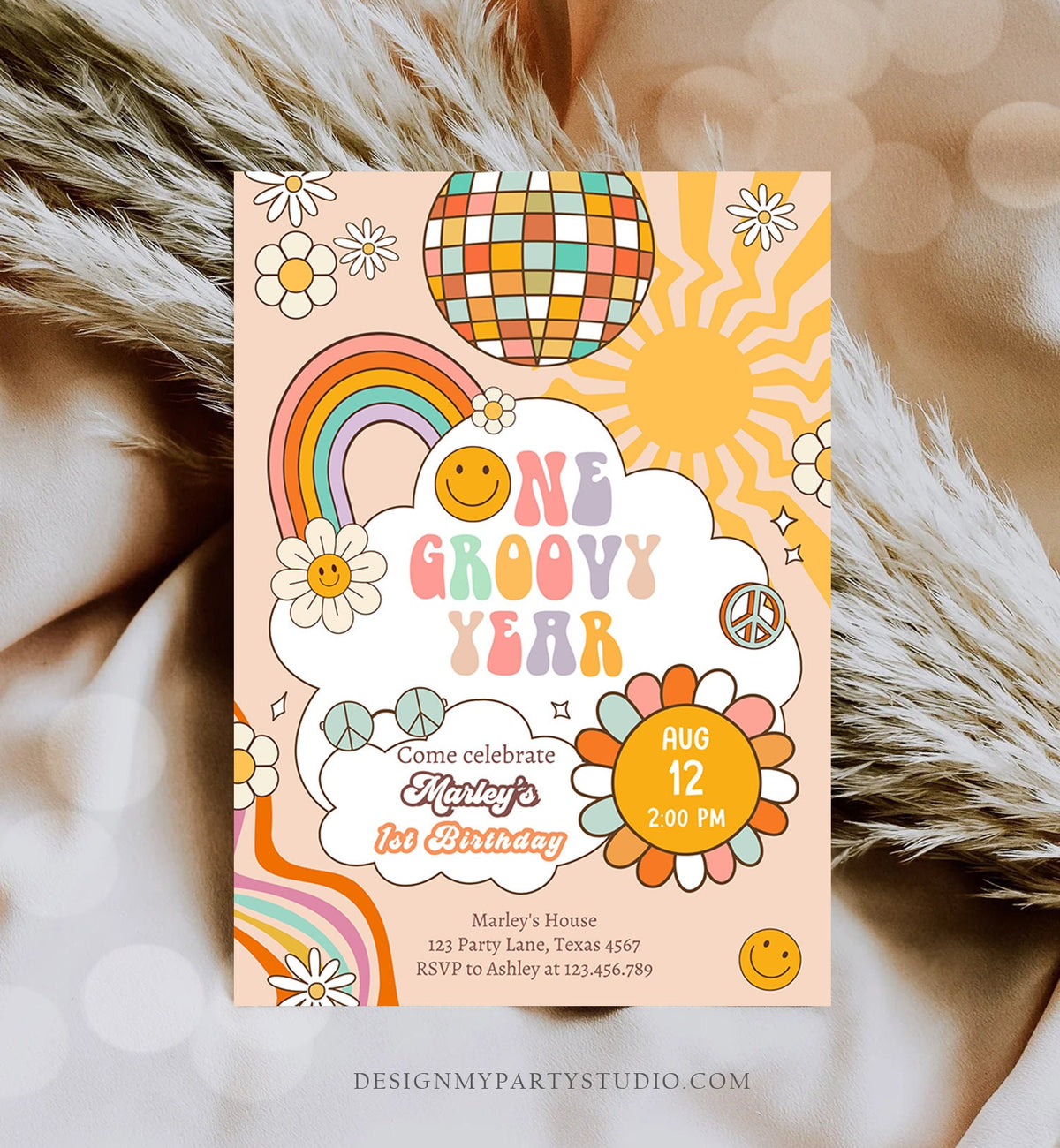 Editable Groovy One Retro 1st Birthday Invitation First Birthday One Groovy Year Invite Peace Love Download Template Corjl Digital 0459