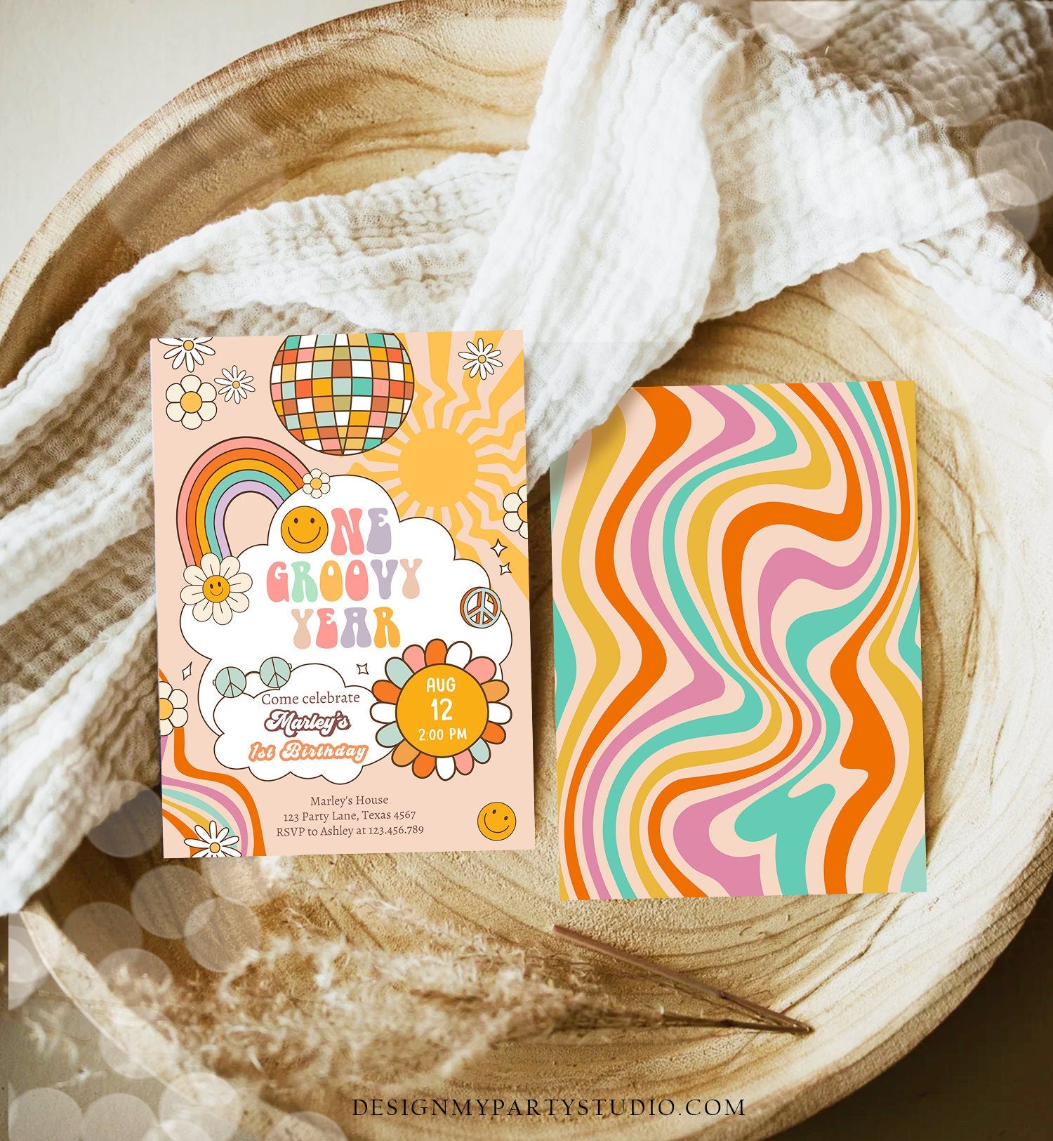Editable Groovy One Retro 1st Birthday Invitation First Birthday One Groovy Year Invite Peace Love Download Template Corjl Digital 0459