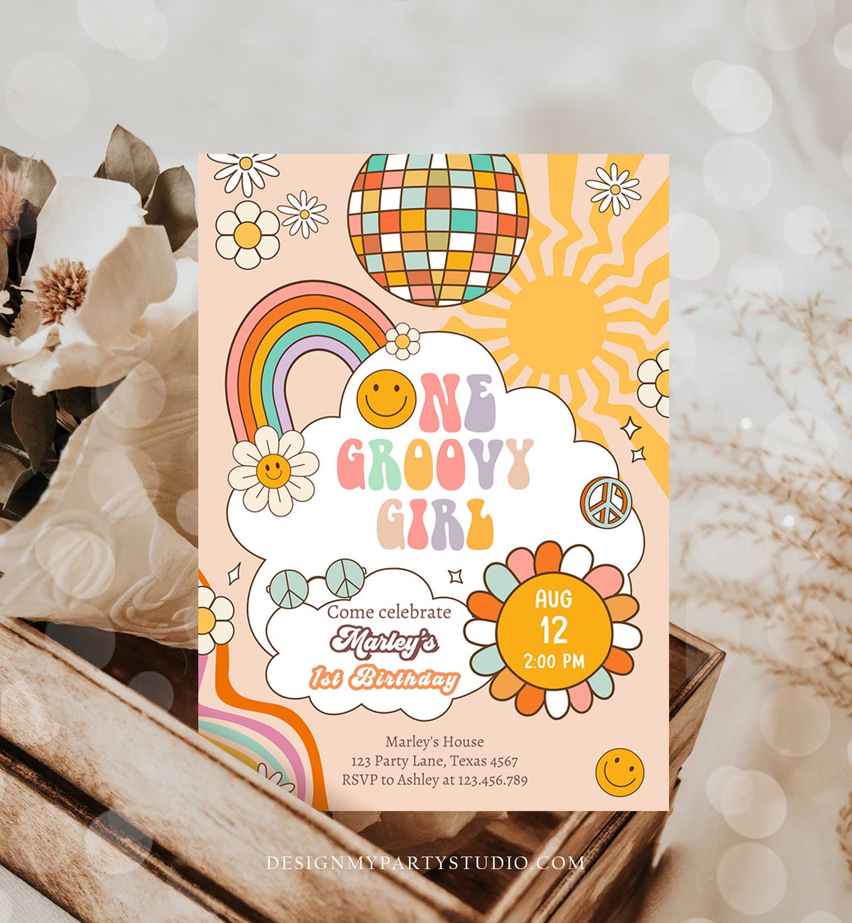 Editable Groovy One Retro 1st Birthday Invitation First Birthday One Groovy Girl Invite Peace Love Download Template Corjl Digital 0459