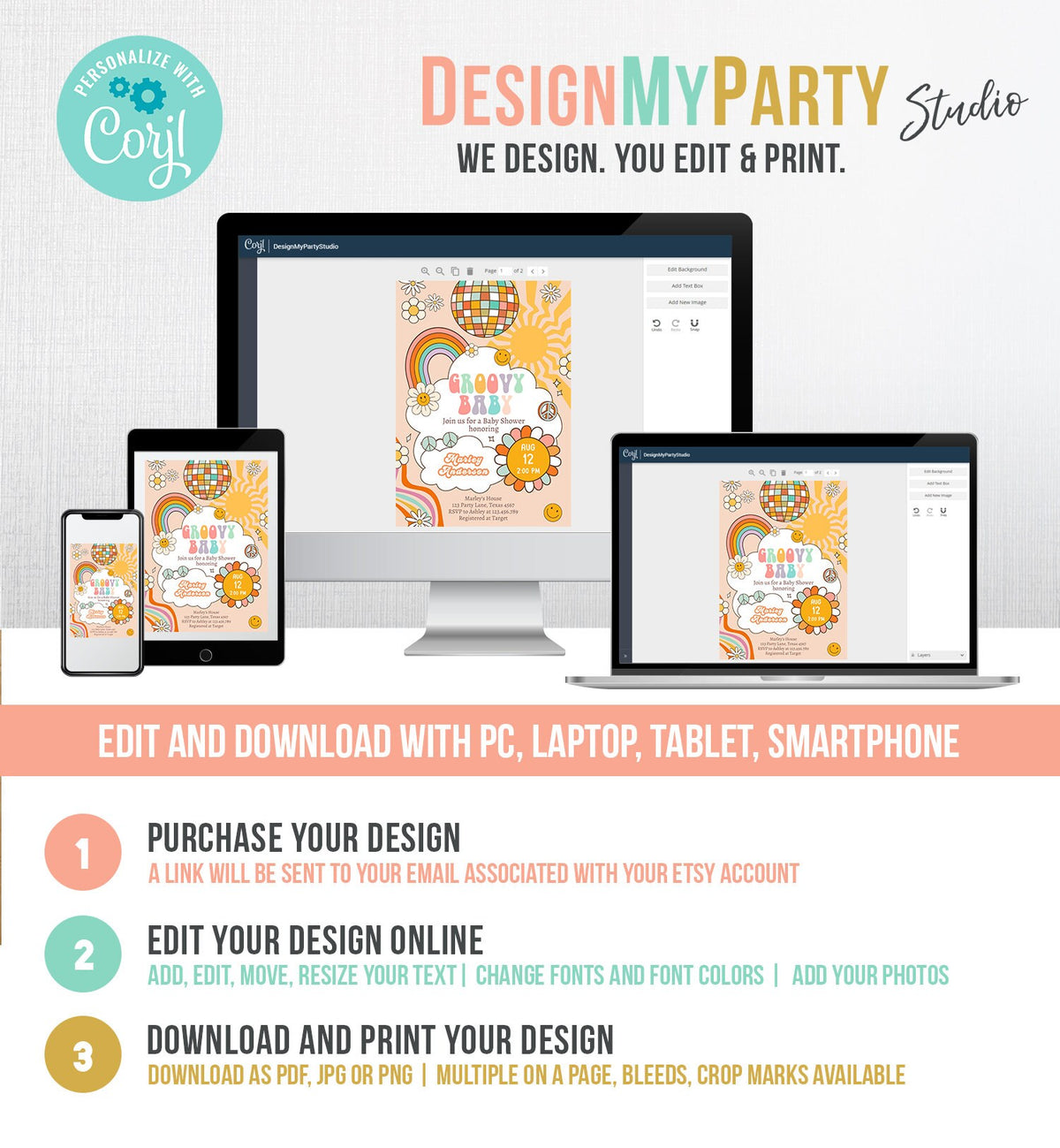 Editable Groovy Baby Shower Invitation Boho Daisy Rainbow Flower Power 70's Hippie Bohemian Download Printable Template Corjl Digital 0459