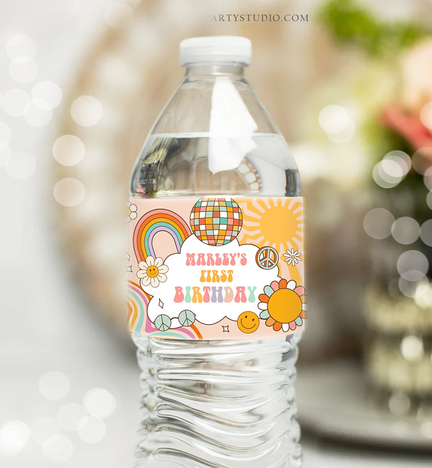 Editable Groovy Birthday Water Bottle Label Birthday Groovy Water Bottle Retro Flower Power Girl Printable Bottle Wrap Template Corjl 0459