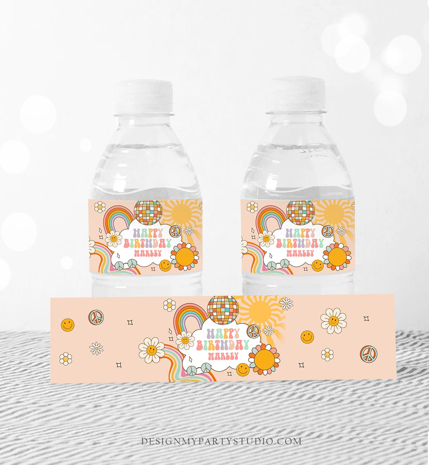 Editable Groovy Birthday Water Bottle Label Birthday Groovy Water Bottle Retro Flower Power Girl Printable Bottle Wrap Template Corjl 0459