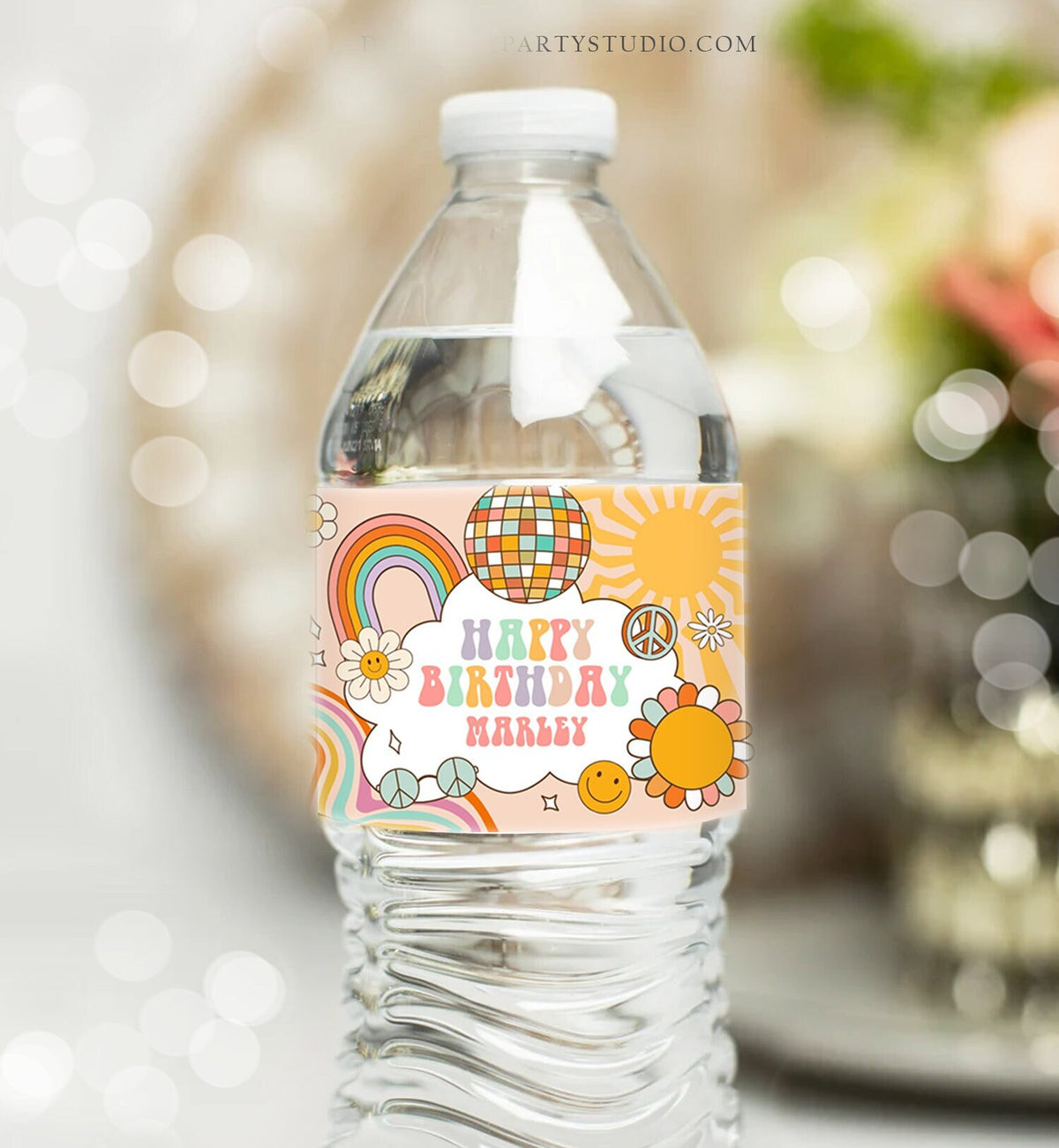 Editable Groovy Birthday Water Bottle Label Birthday Groovy Water Bottle Retro Flower Power Girl Printable Bottle Wrap Template Corjl 0459