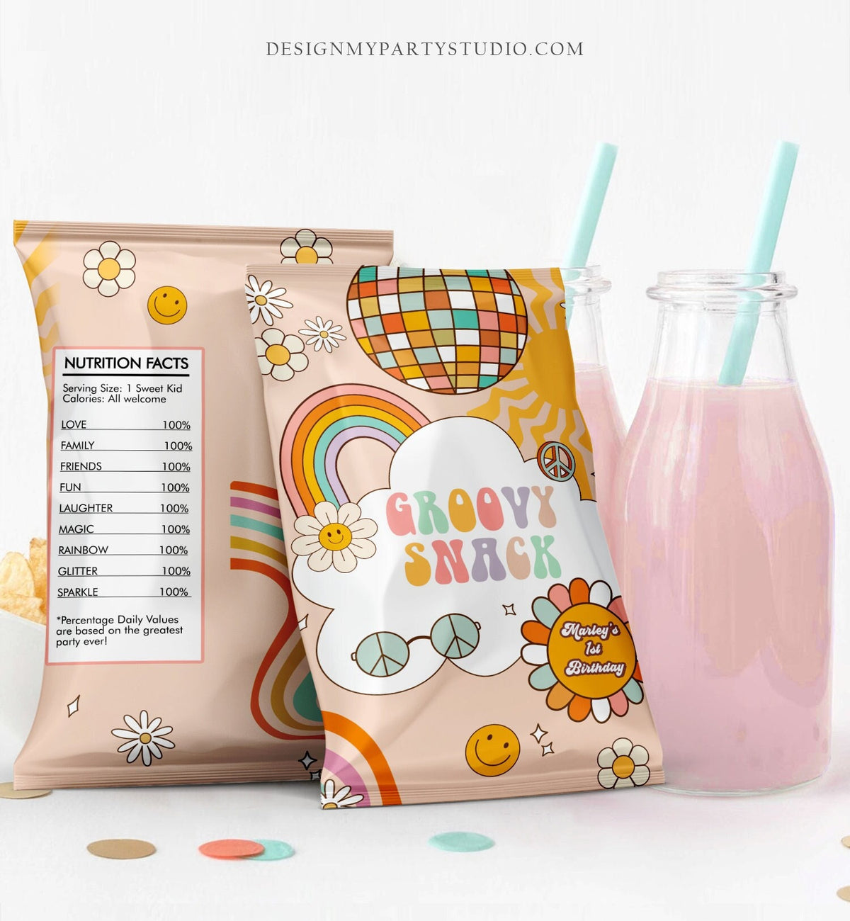 Editable Groovy Birthday Chip Bag Groovy Party Decor Girl Rainbow Flower Power Boho Retro Groovy Snack Favor Digital Corjl Template 0459