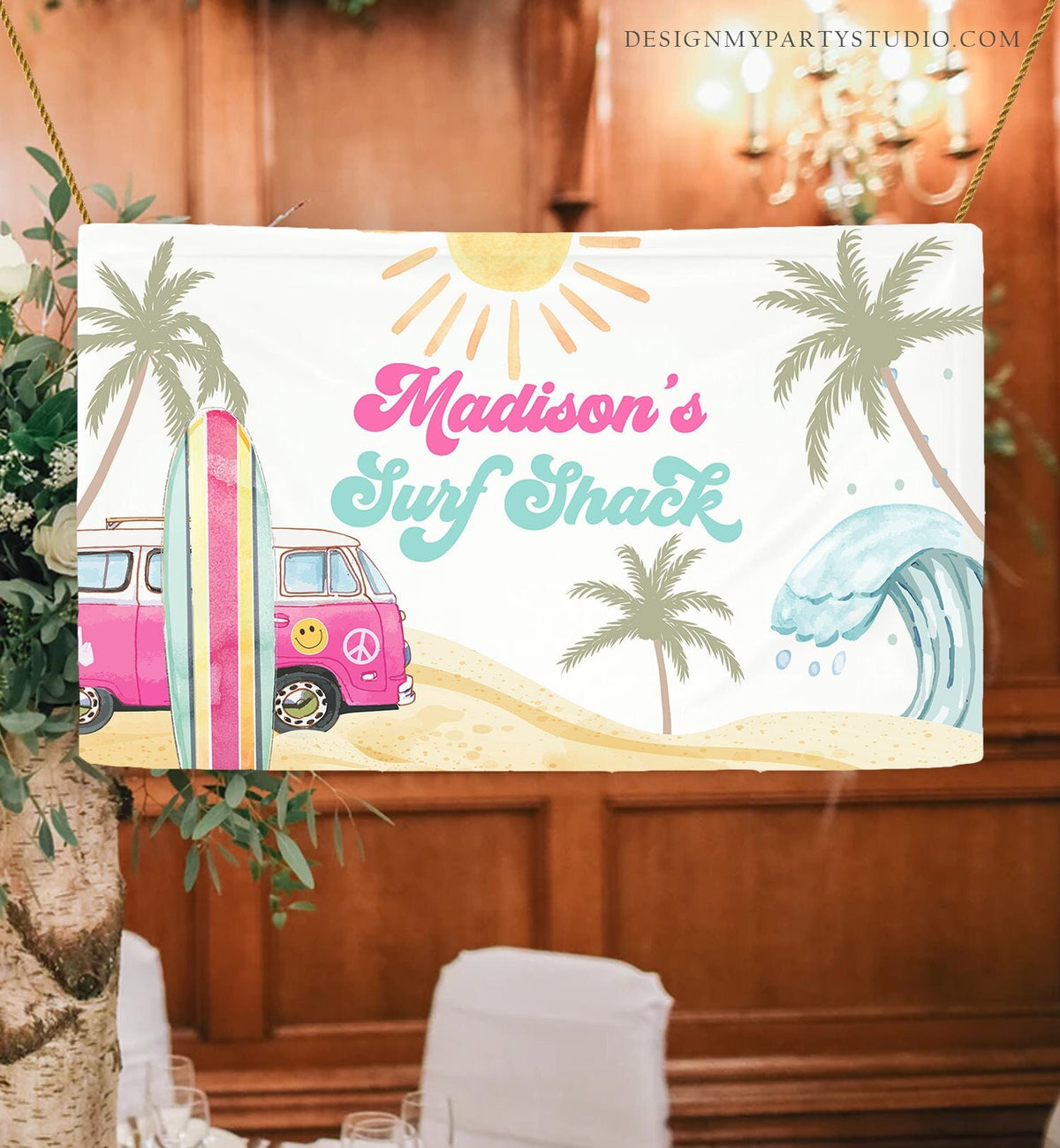 Editable Surf Birthday Backdrop Banner Surf's Up Birthday Girl First Surfing The Big One Surf Shack Download Corjl Template Printable 0433