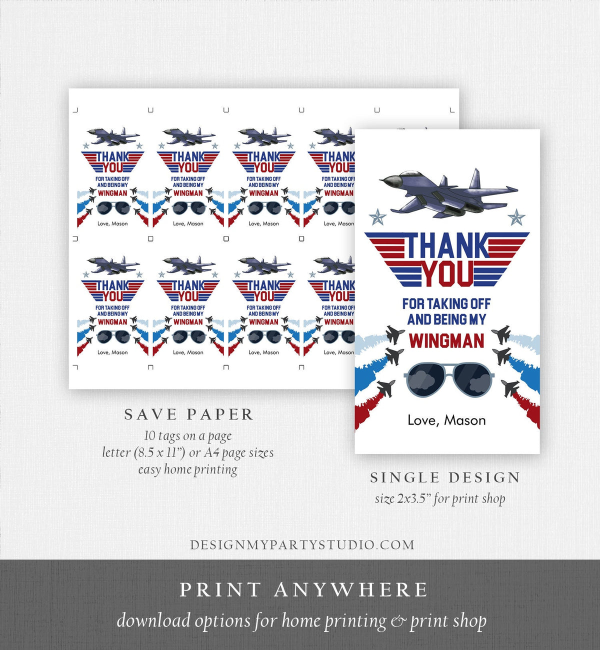 Editable Fighter Pilot Favor Tags Birthday Thank You Tag Fighter Jet Pilot 1st One Boy Military Jet Airplane Blue Boy Corjl Template 0469