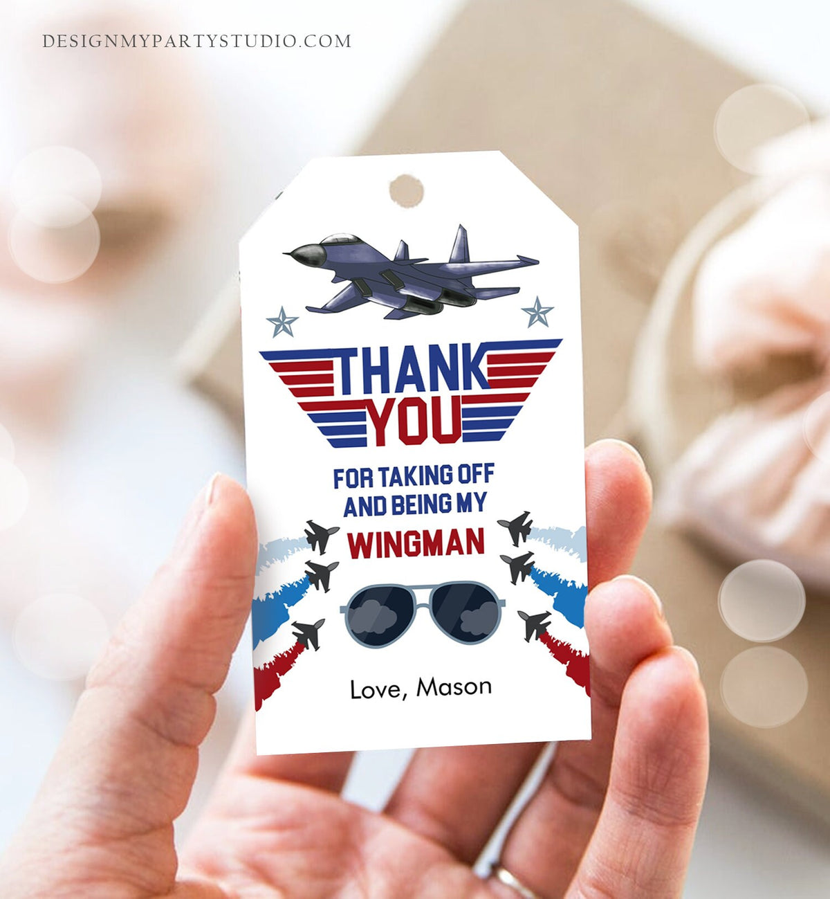 Editable Fighter Pilot Favor Tags Birthday Thank You Tag Fighter Jet Pilot 1st One Boy Military Jet Airplane Blue Boy Corjl Template 0469