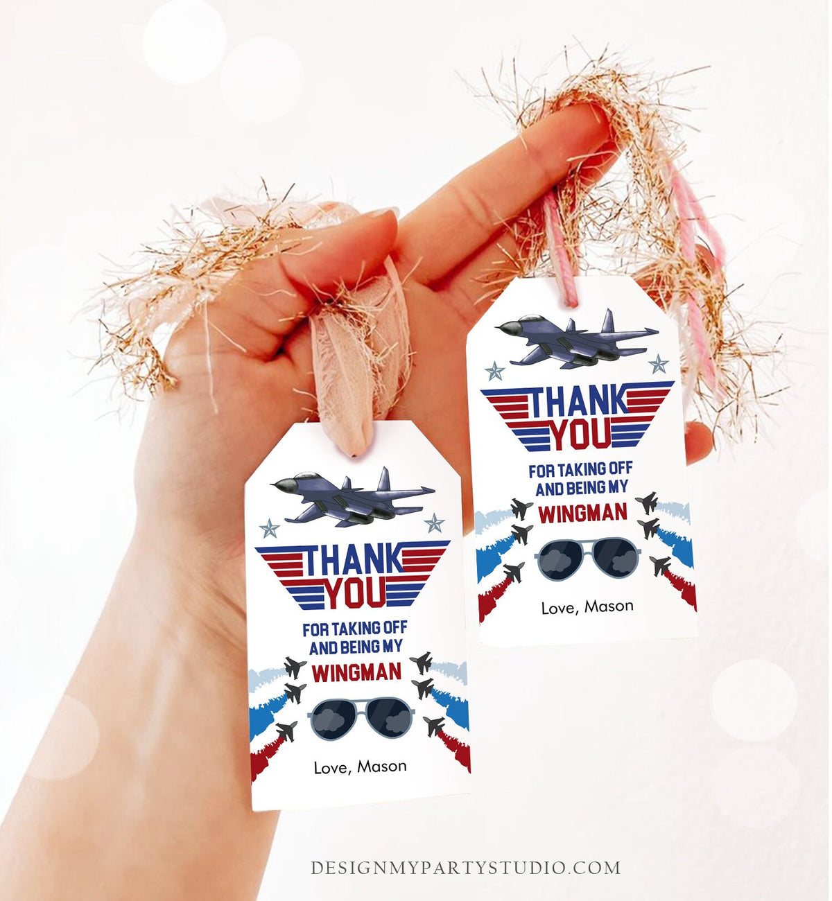 Editable Fighter Pilot Favor Tags Birthday Thank You Tag Fighter Jet Pilot 1st One Boy Military Jet Airplane Blue Boy Corjl Template 0469