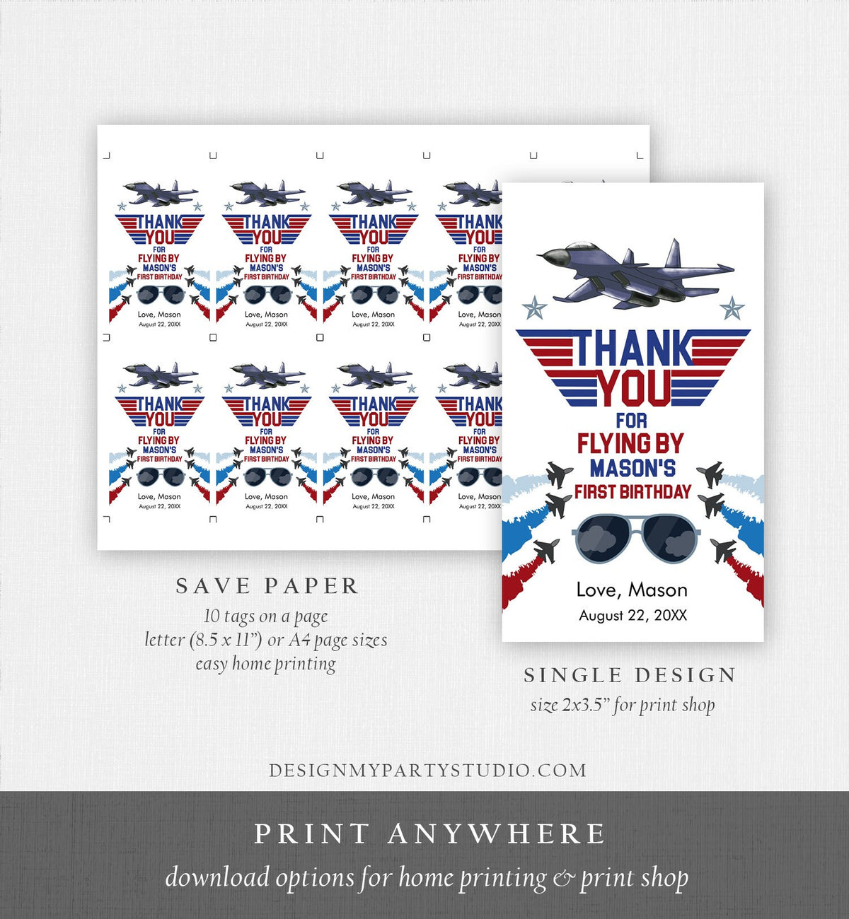 Editable Fighter Pilot Favor Tags Birthday Thank You Tag Fighter Jet Pilot 1st One Boy Military Jet Airplane Blue Boy Corjl Template 0469