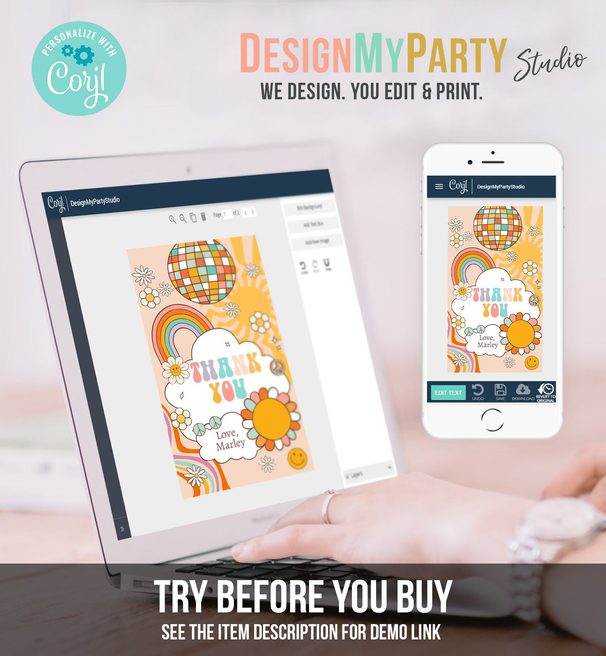 Editable Retro Favor Tags 1st 2nd Groovy Birthday Thank you Tags Flower Power Tags 70s Floral Hippie Smiley Template Corjl PRINTABLE 0459