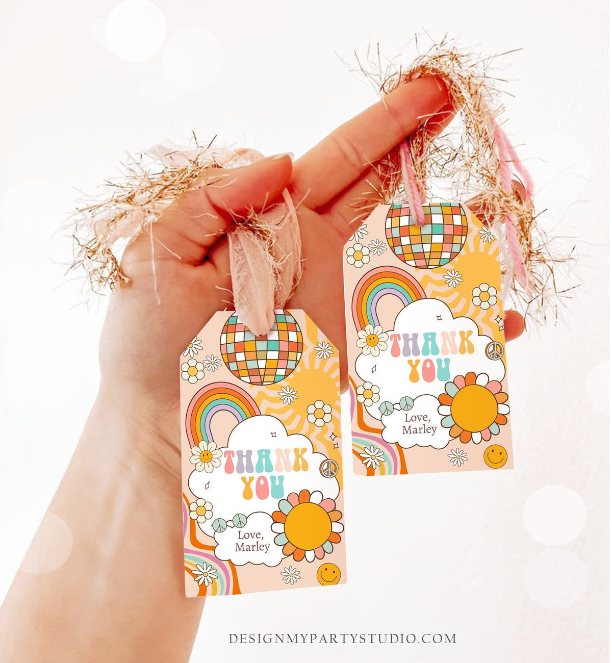 Editable Retro Favor Tags 1st 2nd Groovy Birthday Thank you Tags Flower Power Tags 70s Floral Hippie Smiley Template Corjl PRINTABLE 0459