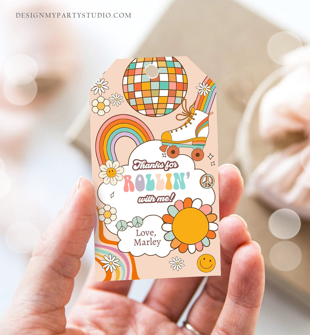 Editable Roller Skating Favor Tag Roller Skate Birthday Thank You Tags Girl Retro Skate Party Disco Download Printable Corjl Template 0459