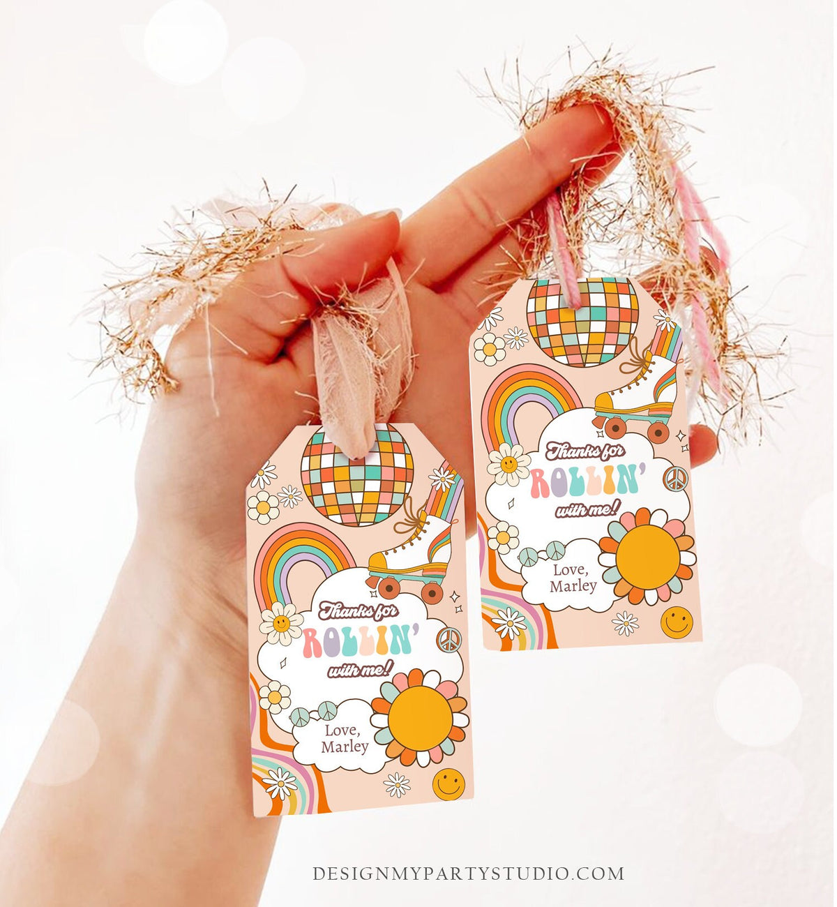 Editable Roller Skating Favor Tag Roller Skate Birthday Thank You Tags Girl Retro Skate Party Disco Download Printable Corjl Template 0459