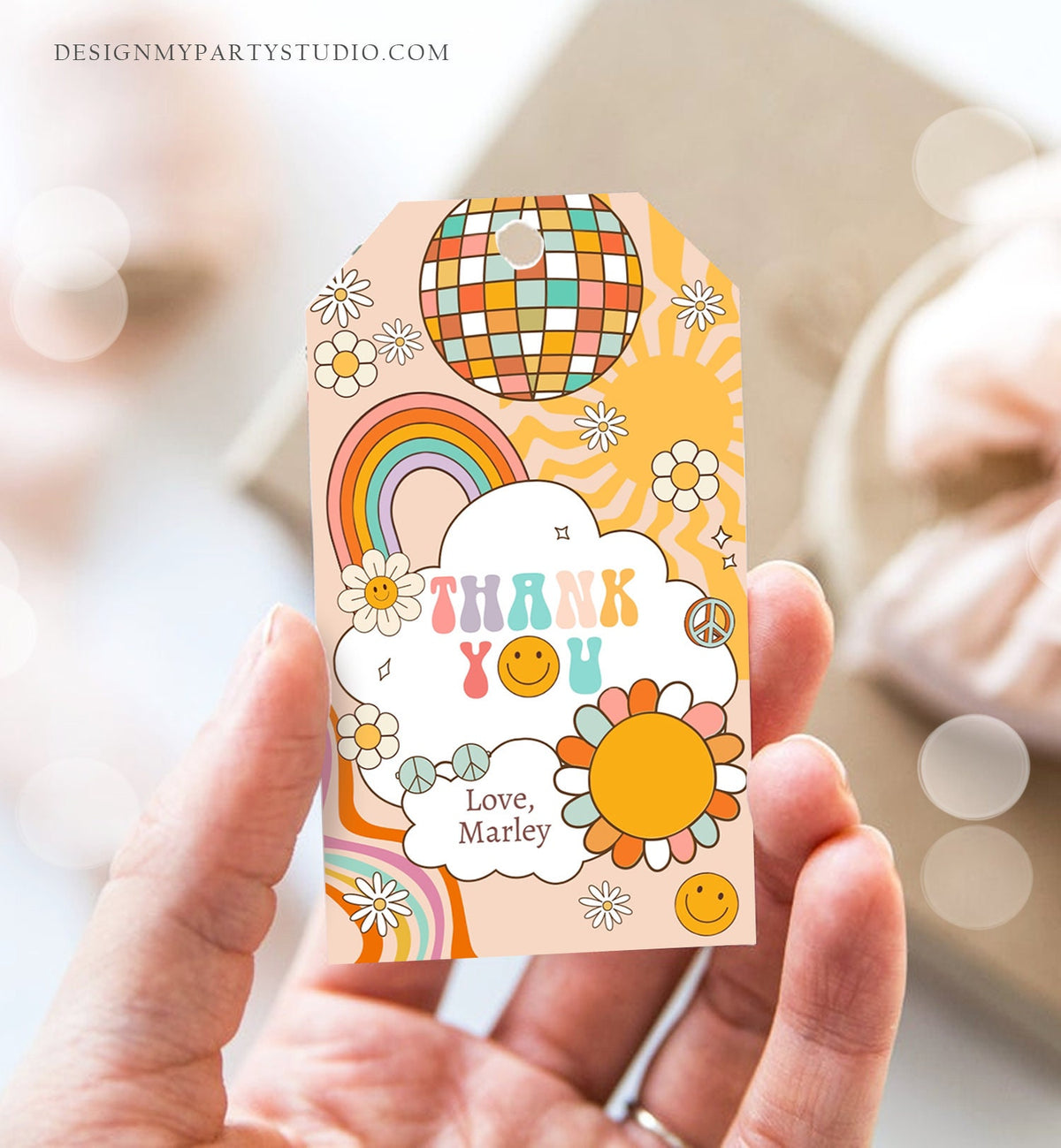 Editable Retro Favor Tags 1st 2nd Groovy Birthday Thank you Tags Flower Power Tags 70s Floral Hippie Smiley Template Corjl PRINTABLE 0459
