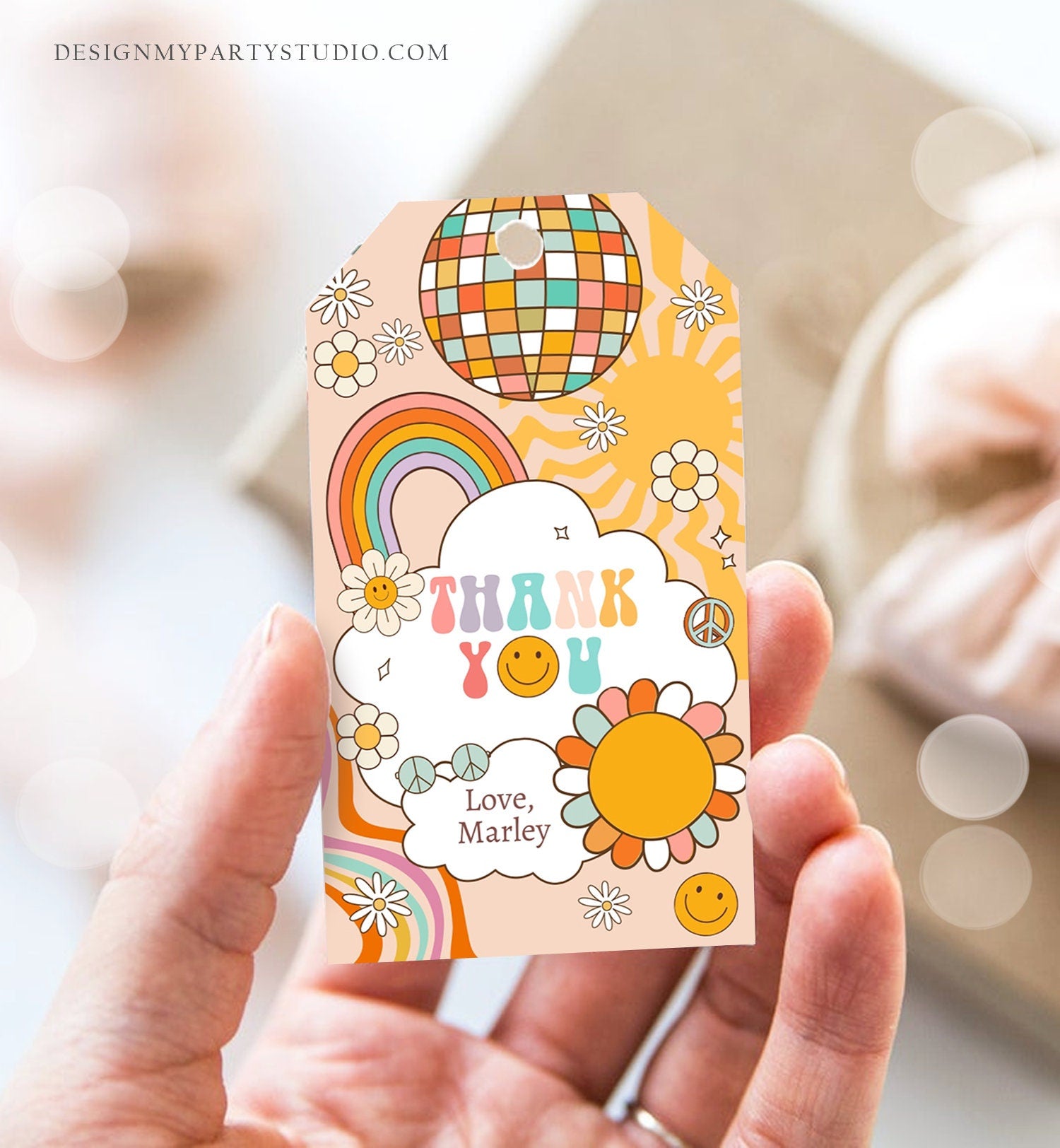 Editable Retro Favor Tags 1st 2nd Groovy Birthday Thank you Tags Flower Power Tags 70s Floral Hippie Smiley Template Corjl PRINTABLE 0459