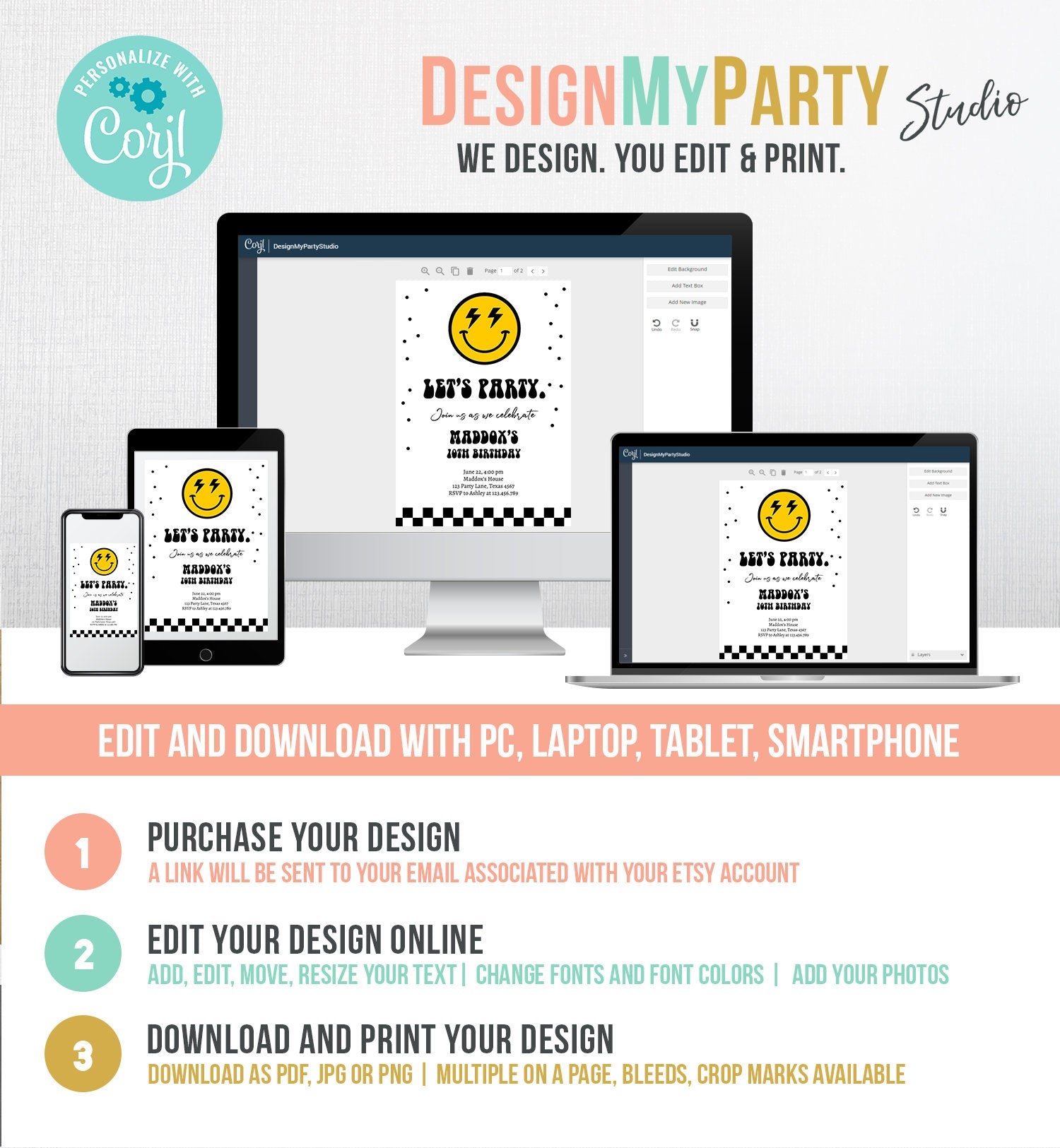 Editable Smiley Birthday Invitation Boy Smiley Face Invite Let's Party Teen 10th 13th 15th Download Printable Template Digital Corjl 0456