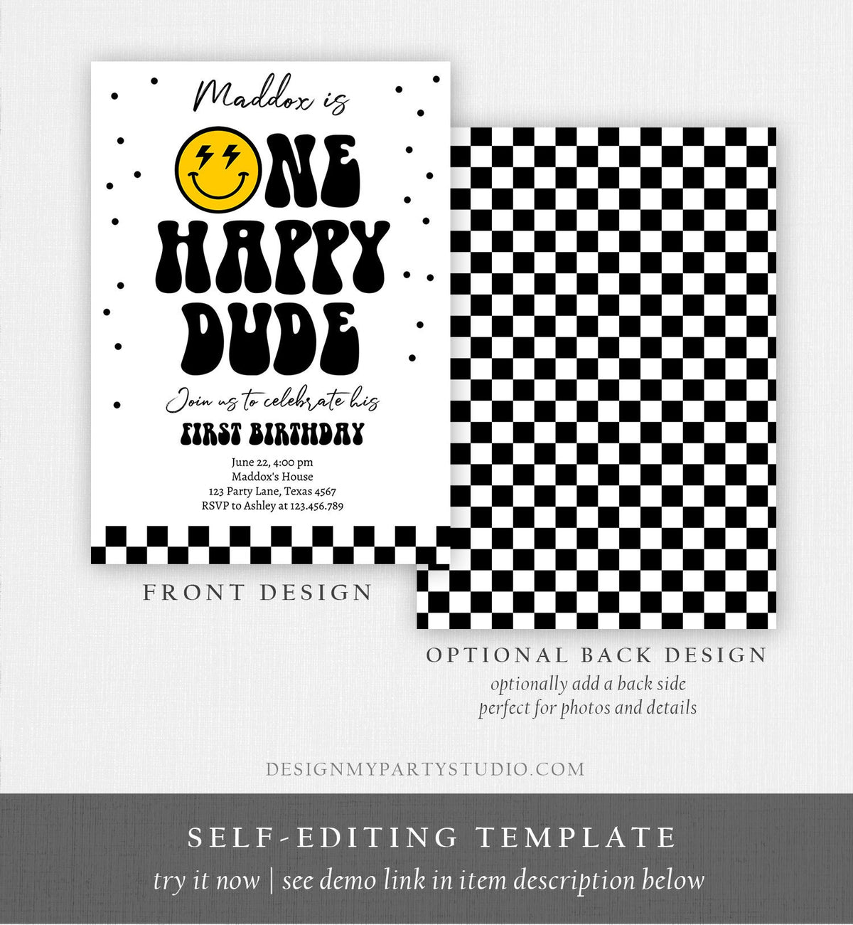 Editable One Happy Dude Birthday Invitation Boy 1st Birthday Invite Smiley Face Birthday Girl Download Printable Template Digital Corjl 0456