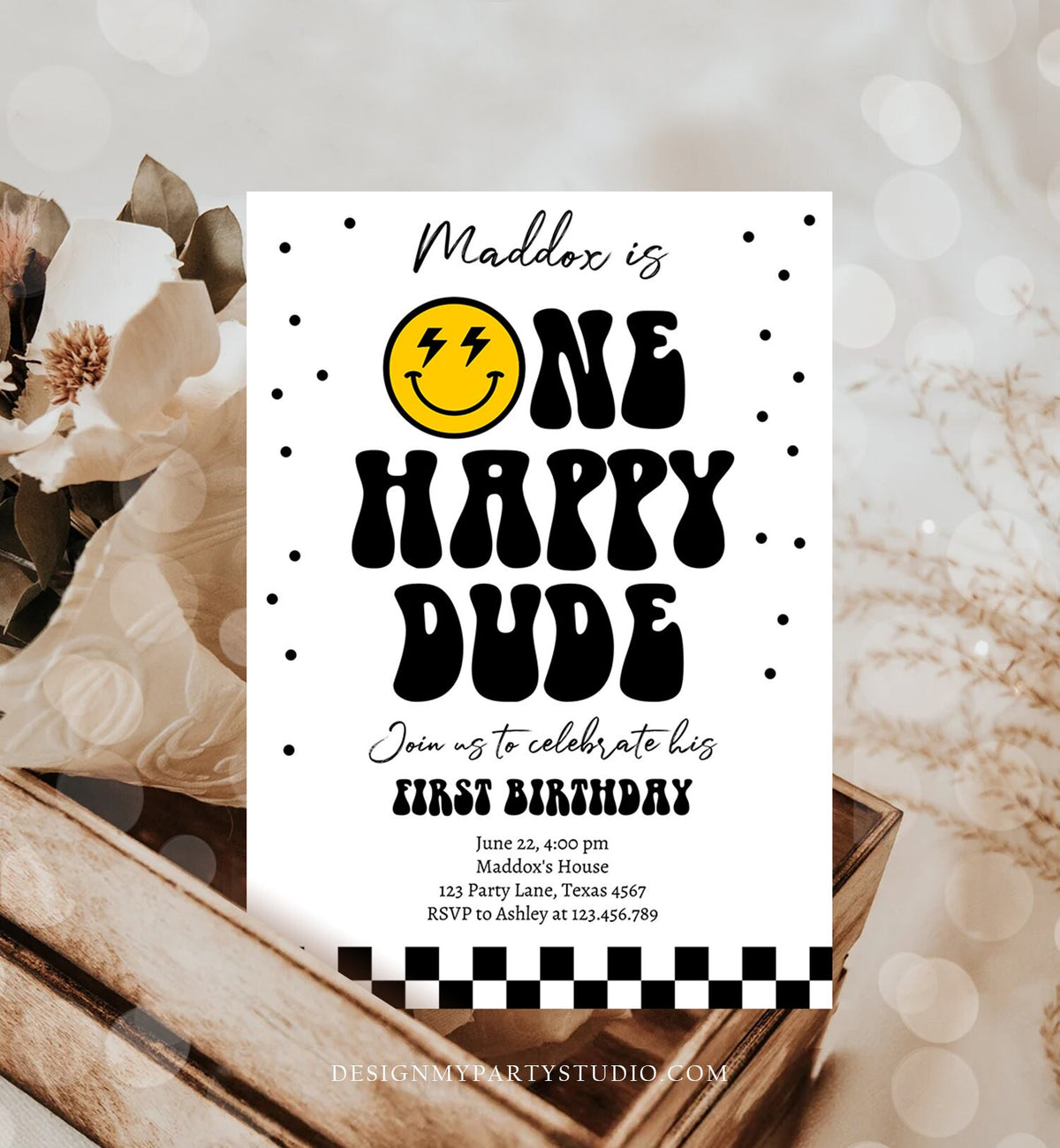 Editable One Happy Dude Birthday Invitation Boy 1st Birthday Invite Smiley Face Birthday Girl Download Printable Template Digital Corjl 0456