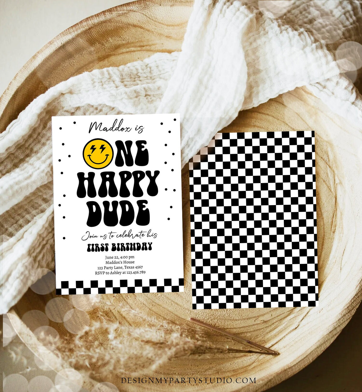 Editable One Happy Dude Birthday Invitation Boy 1st Birthday Invite Smiley Face Birthday Girl Download Printable Template Digital Corjl 0456