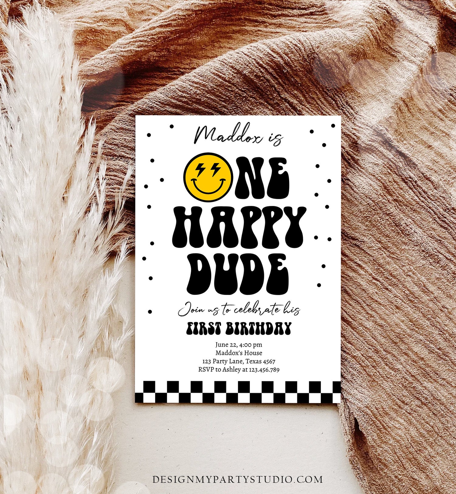 Editable One Happy Dude Birthday Invitation Boy 1st Birthday Invite Smiley Face Birthday Girl Download Printable Template Digital Corjl 0456