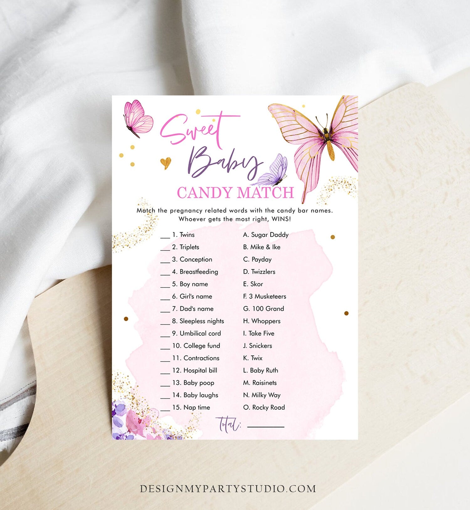 Editable Sweet Baby Candy Match Baby Shower Game Butterfly Baby Shower Floral Butterflies Lilac Pink Activity Corjl Template Printable 0437