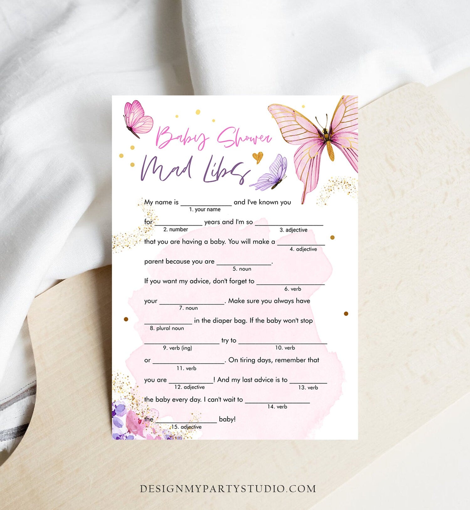 Editable Baby Shower Mad Libs Game Butterfly Baby Shower Floral Butterflies Pink Purple Lilac Activity Corjl Template Printable 0437