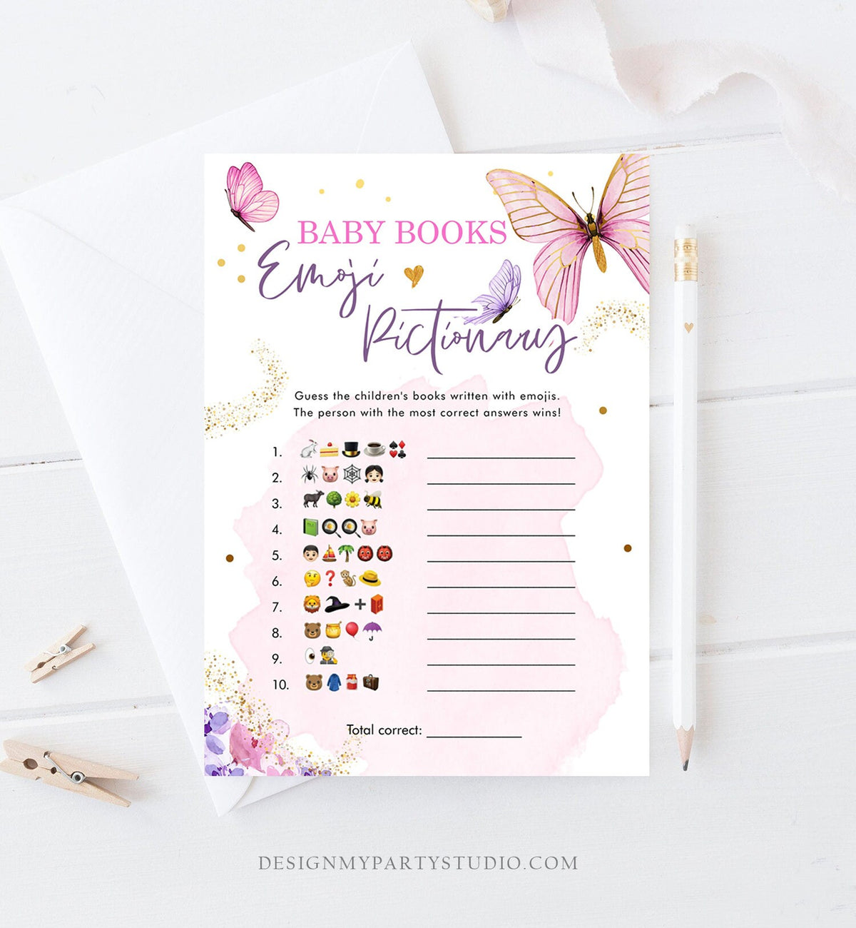 Editable Emoji Pictionary Baby Shower Game Butterfly Baby Books Floral Butterflies Pink Purple Lilac Activity Corjl Template Printable 0437