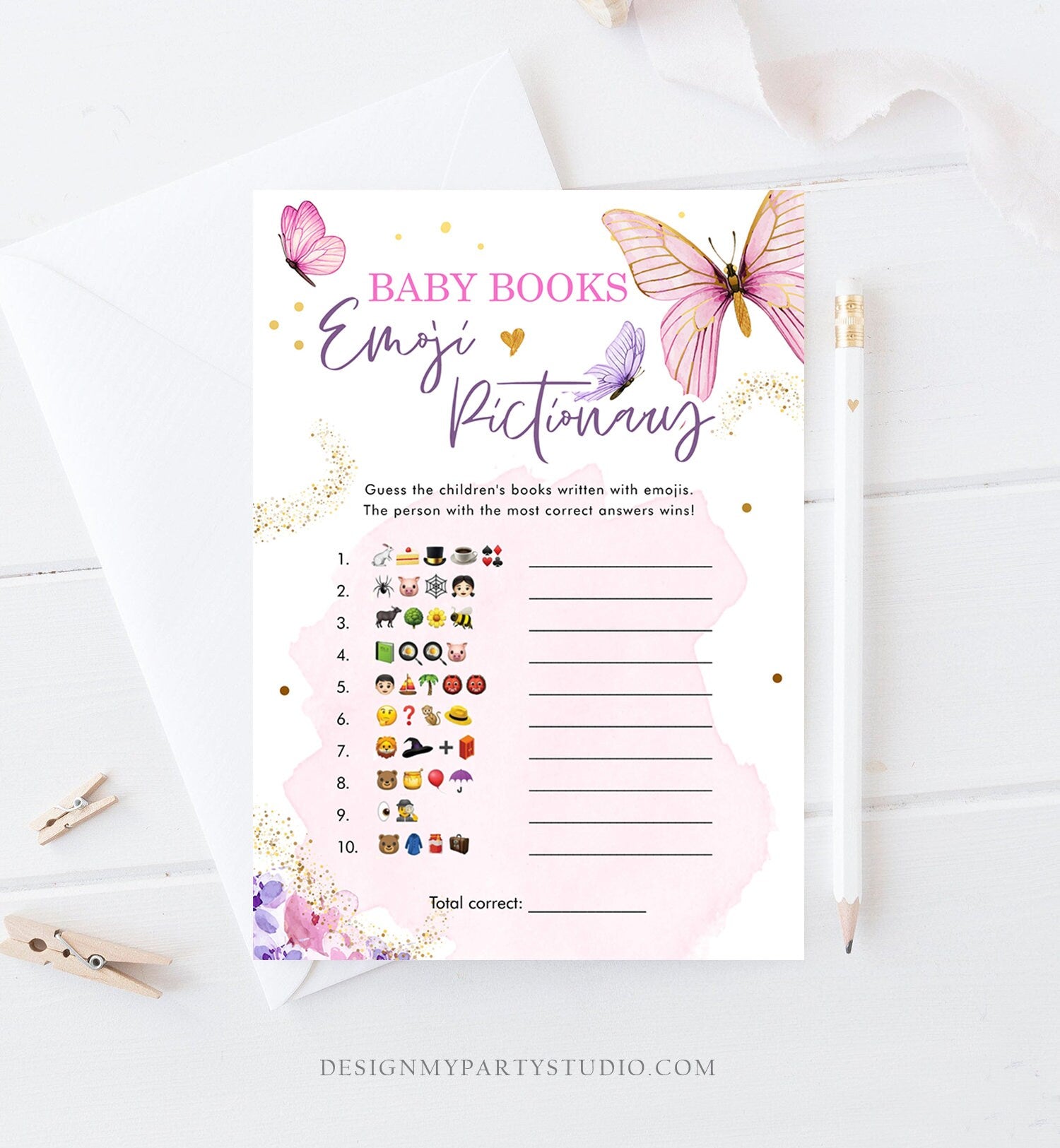 Editable Emoji Pictionary Baby Shower Game Butterfly Baby Books Floral Butterflies Pink Purple Lilac Activity Corjl Template Printable 0437