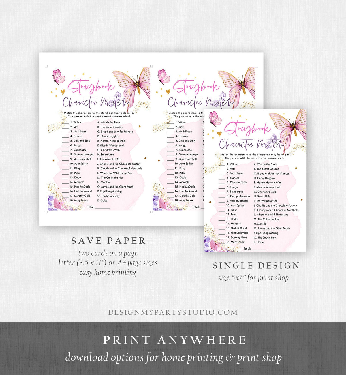 Editable Storybook Character Match Baby Shower Game Butterfly Floral Butterflies Pink Purple Lilac Activity Corjl Template Printable 0437