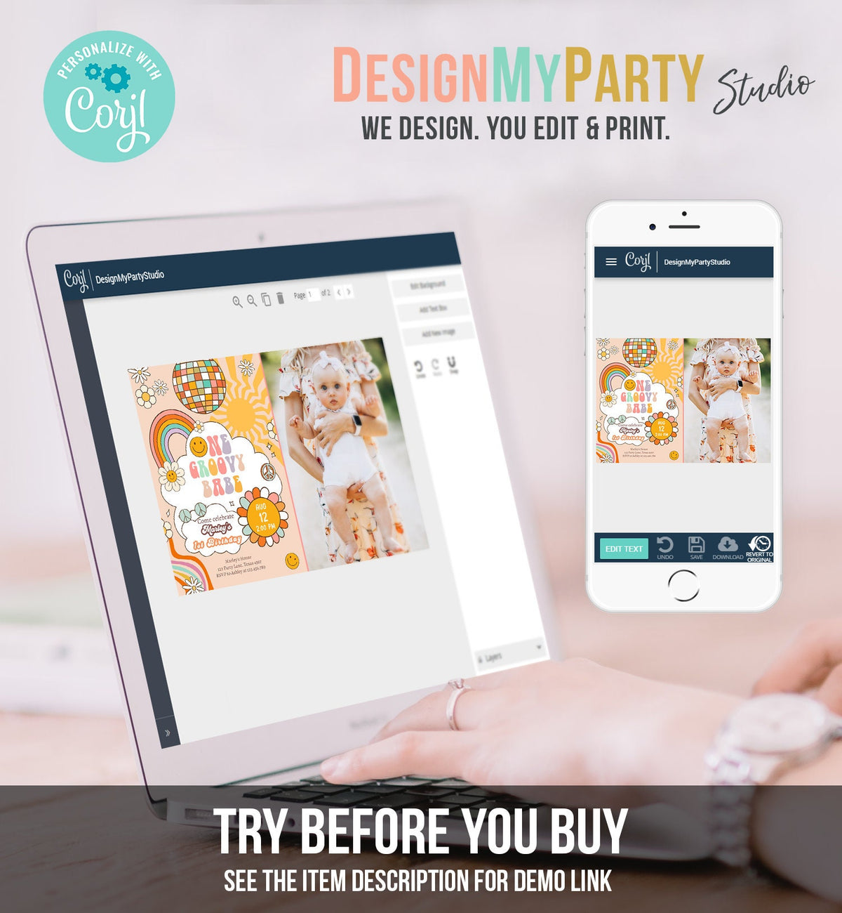 Editable Groovy One Retro 1st Birthday Invitation First Birthday One Groovy Babe Invite Peace Love Download Template Corjl Digital 0459
