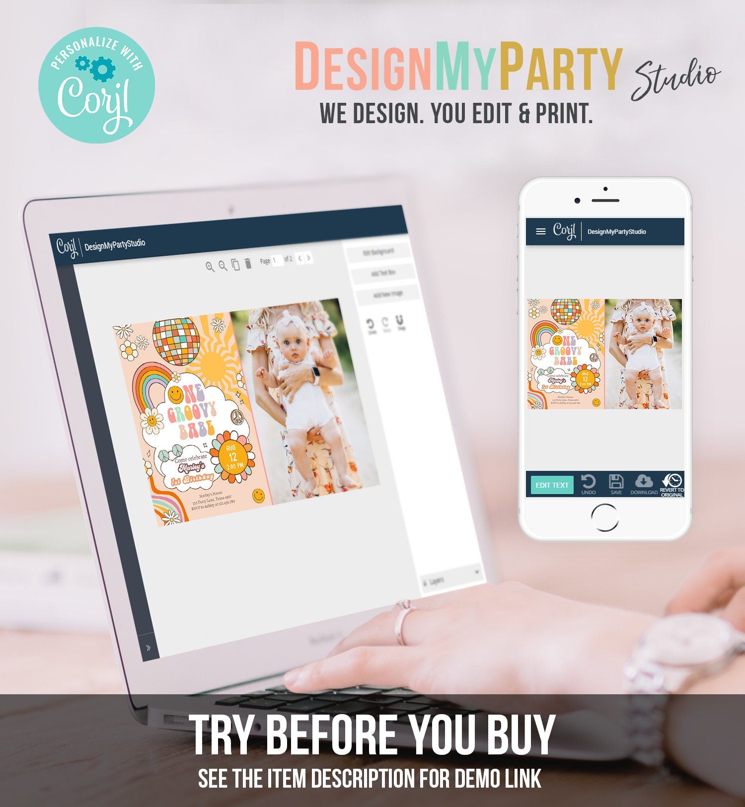Editable Groovy One Retro 1st Birthday Invitation First Birthday One Groovy Babe Invite Peace Love Download Template Corjl Digital 0459
