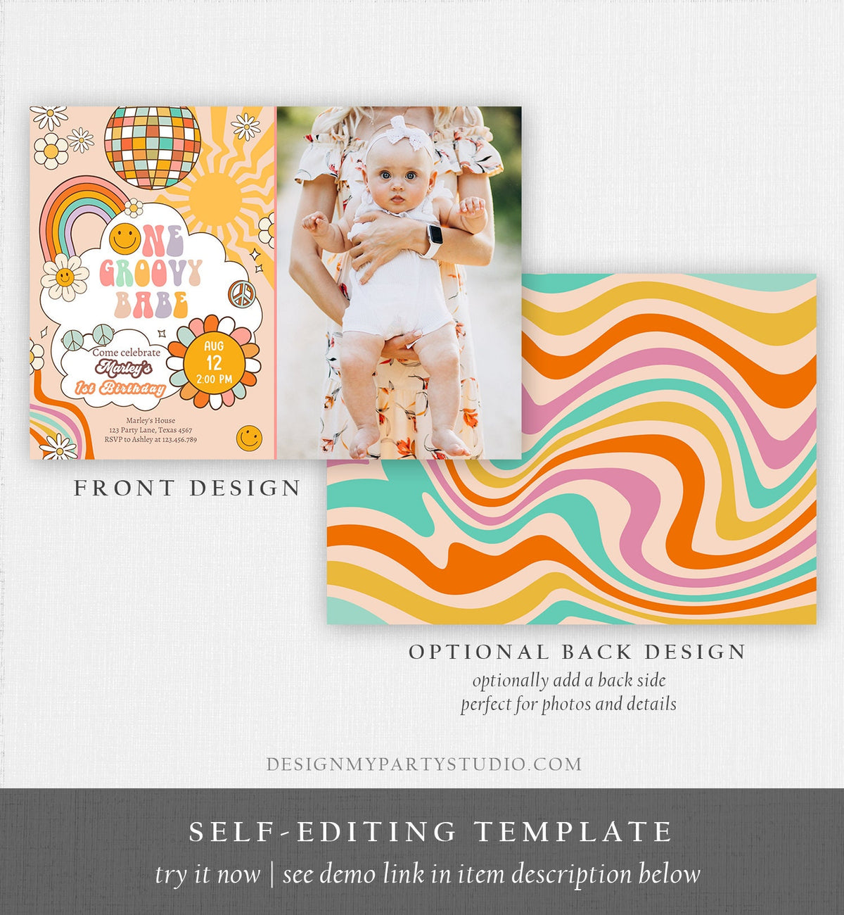 Editable Groovy One Retro 1st Birthday Invitation First Birthday One Groovy Babe Invite Peace Love Download Template Corjl Digital 0459