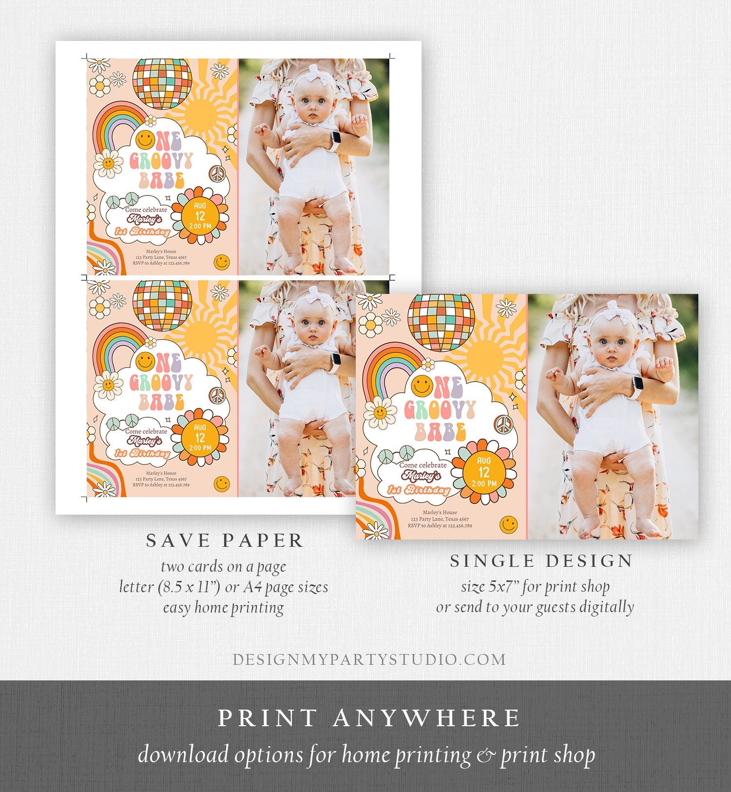 Editable Groovy One Retro 1st Birthday Invitation First Birthday One Groovy Babe Invite Peace Love Download Template Corjl Digital 0459
