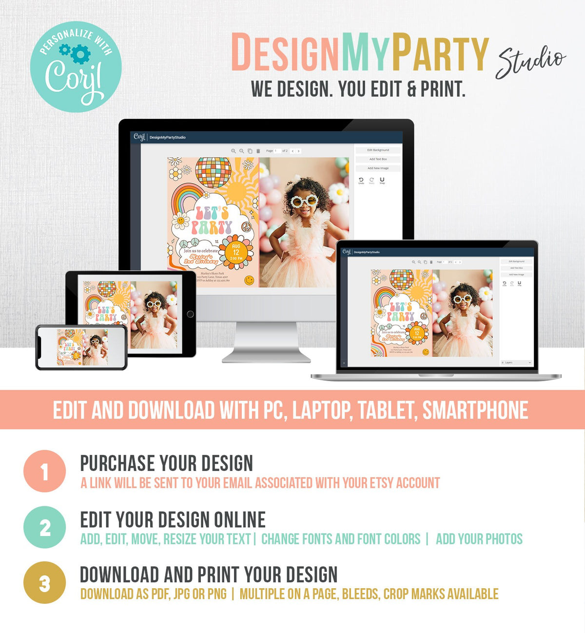 Editable Groovy Birthday Party Invitation Let's Party Birthday Smiley Boho Retro Flower Power 70's Girl Download Template Corjl Digital 0459