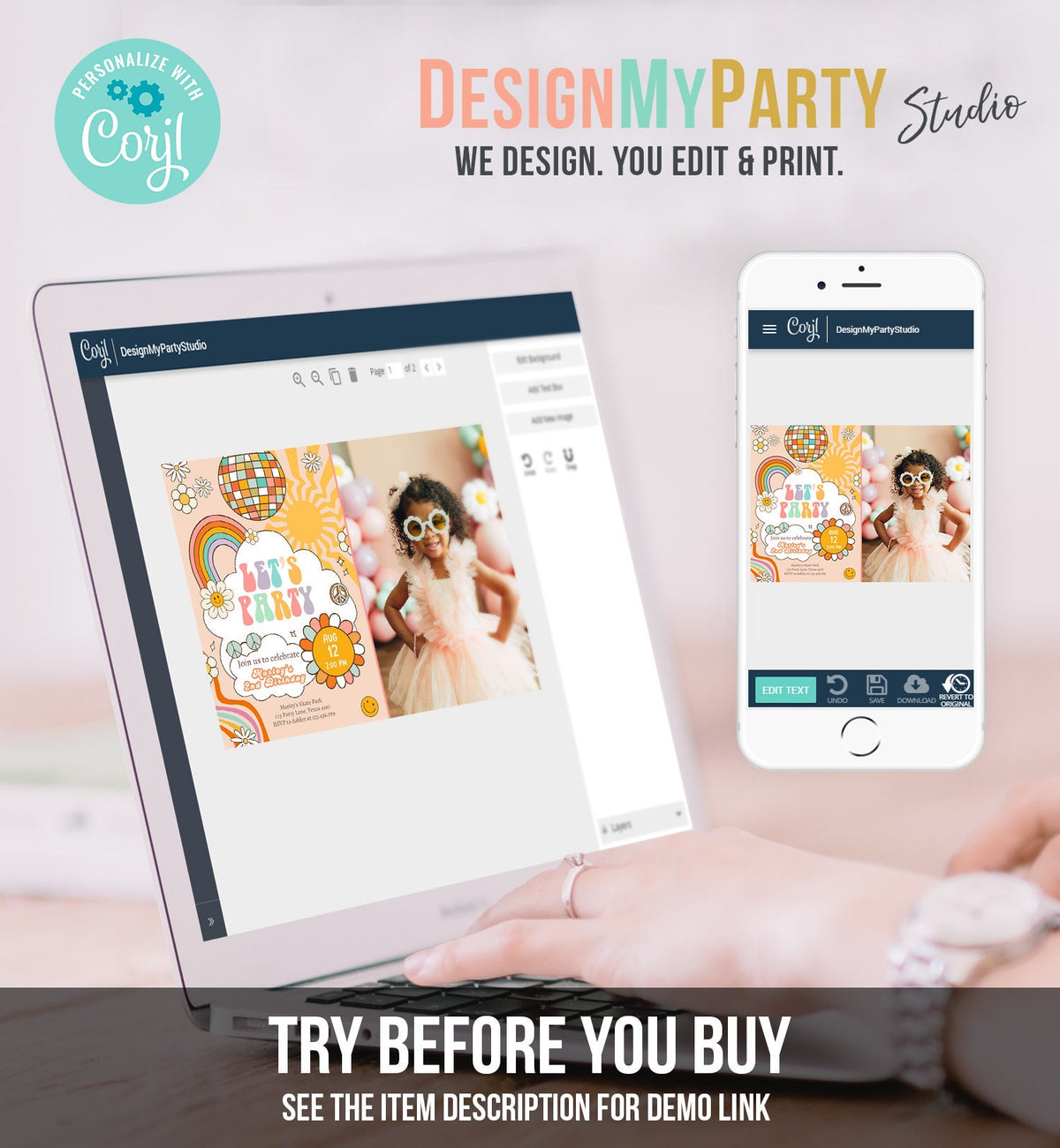 Editable Groovy Birthday Party Invitation Let's Party Birthday Smiley Boho Retro Flower Power 70's Girl Download Template Corjl Digital 0459