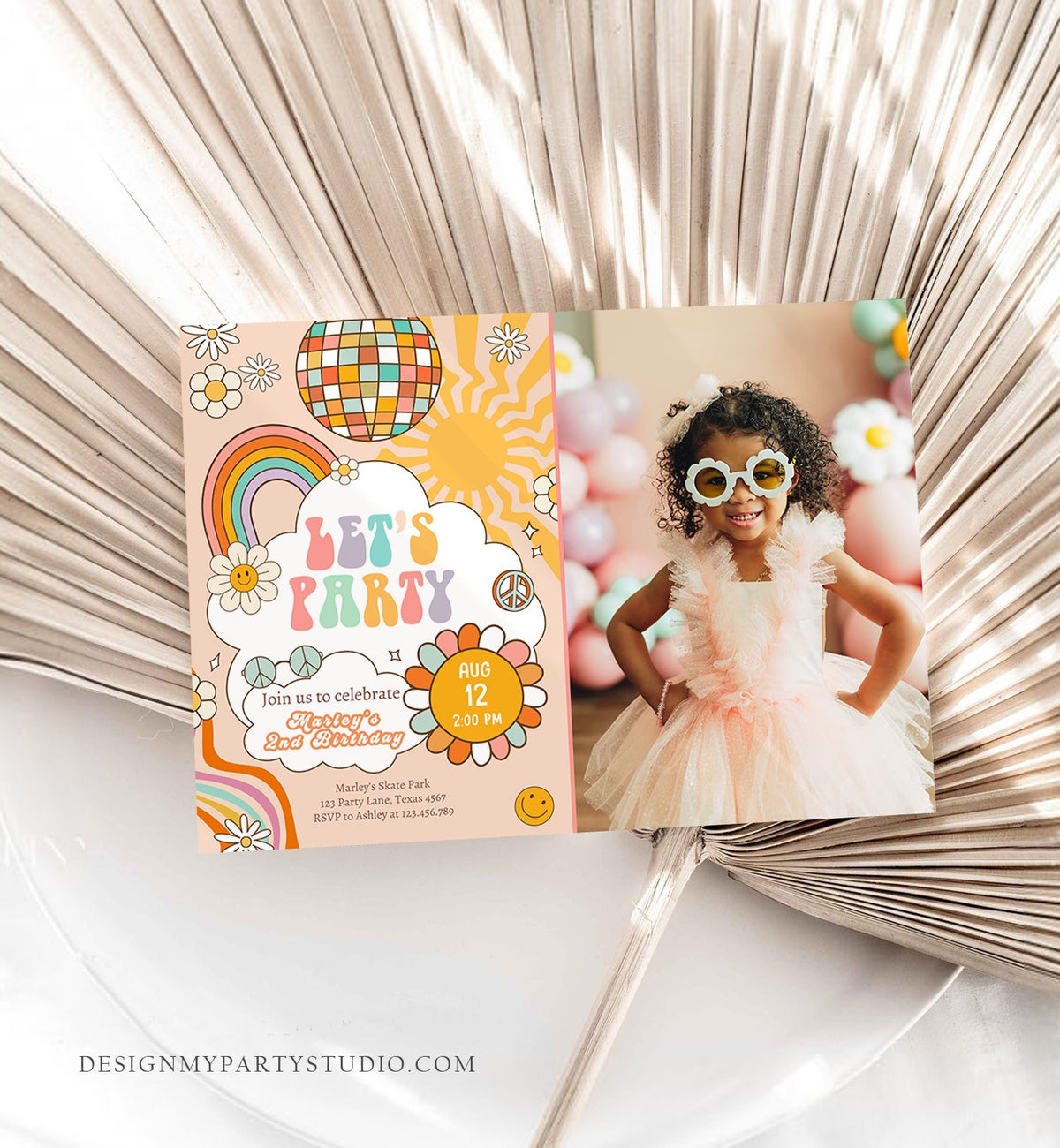 Editable Groovy Birthday Party Invitation Let's Party Birthday Smiley Boho Retro Flower Power 70's Girl Download Template Corjl Digital 0459