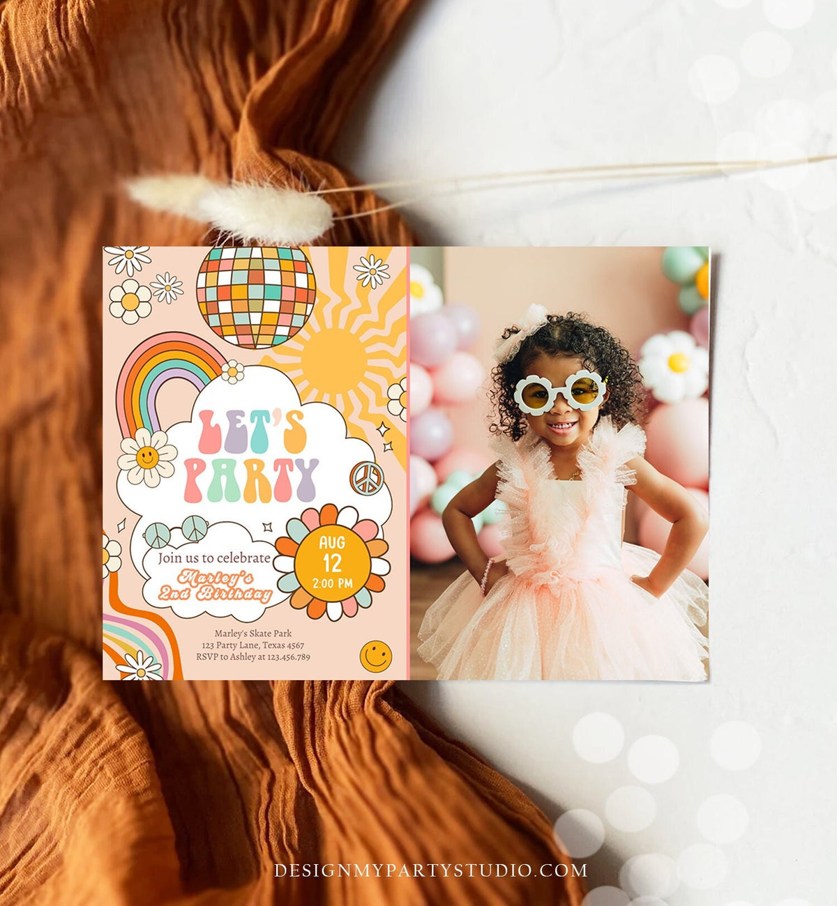 Editable Groovy Birthday Party Invitation Let's Party Birthday Smiley Boho Retro Flower Power 70's Girl Download Template Corjl Digital 0459